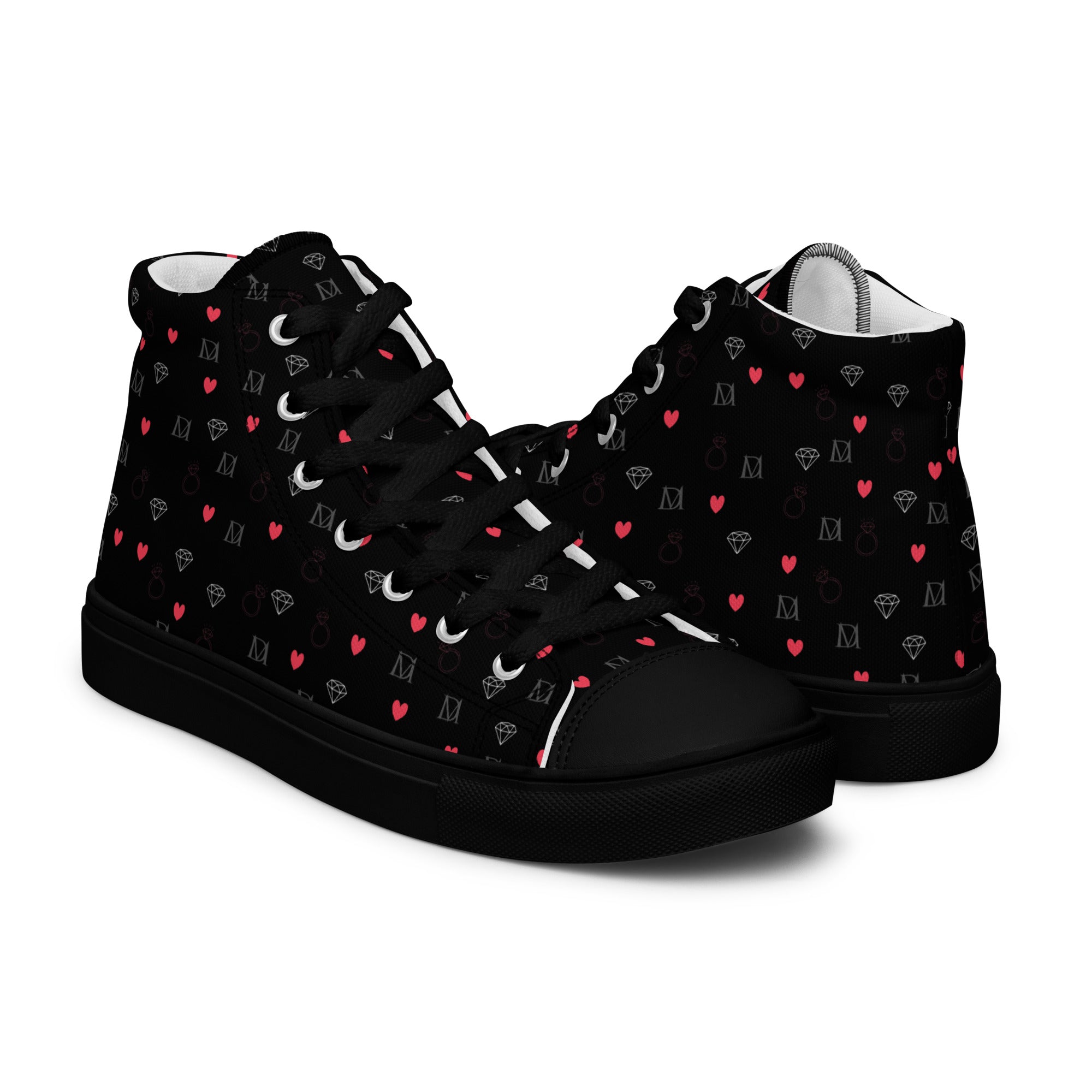Black men's high-top canvas shoes with speckled diamond pattern from Daemon Luxury's NEMESIS Male collection.