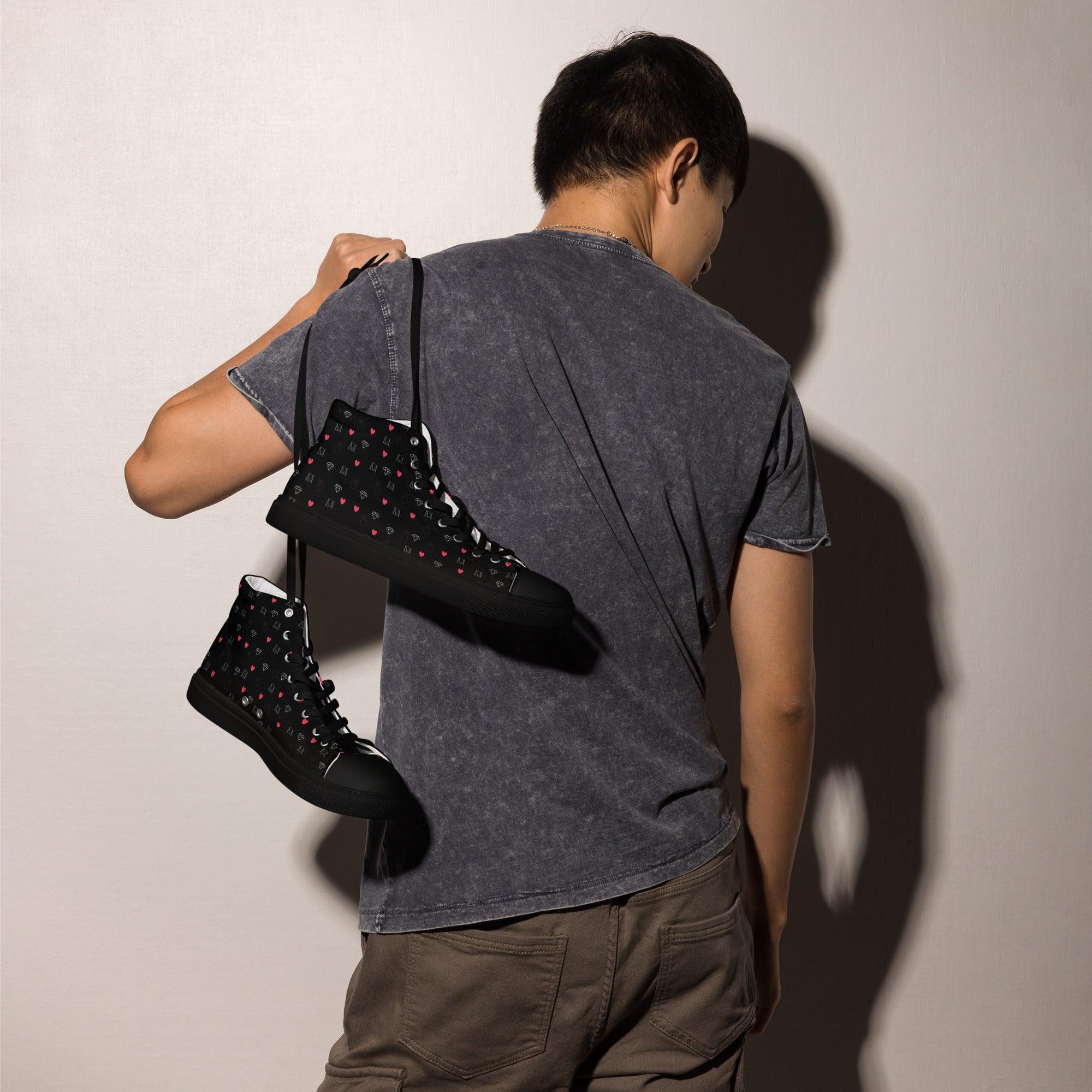 Daemon Luxury Speckled Diamonds NEMESIS Male high-top canvas shoes, black men's sneakers with stylish speckled diamond design.