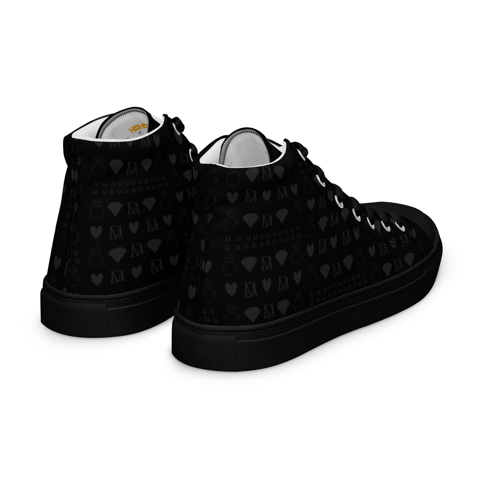 Black men's high-top canvas shoes from Daemon Luxury featuring frosted diamond accents on platinum dim detailing.