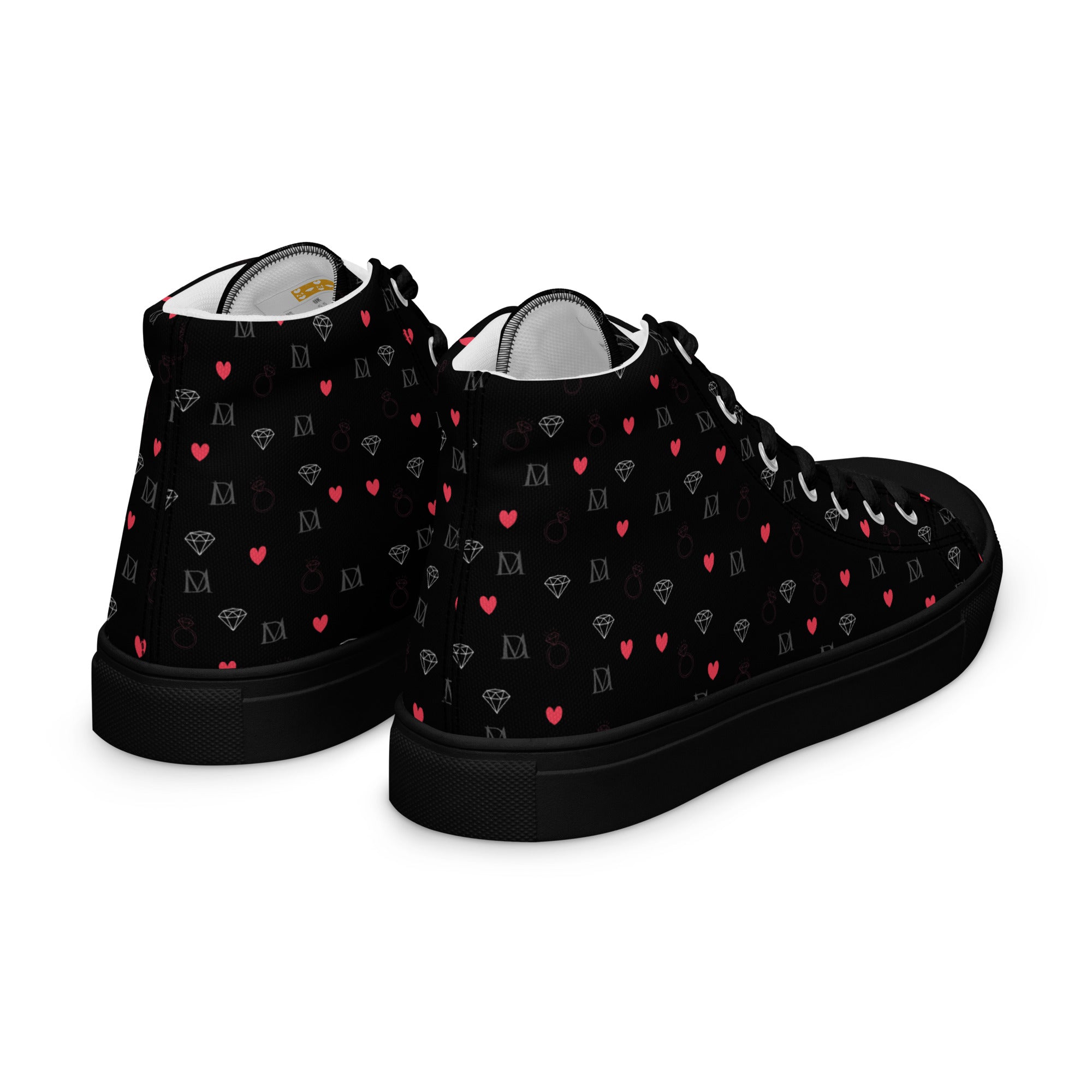 Daemon Luxury Speckled Diamonds NEMESIS Male high-top canvas shoes in black, showing the right back view.