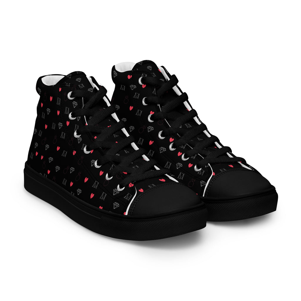 Black men's high-top canvas shoes with speckled diamond pattern from Daemon Luxury's NEMESIS Male collection, right front view.