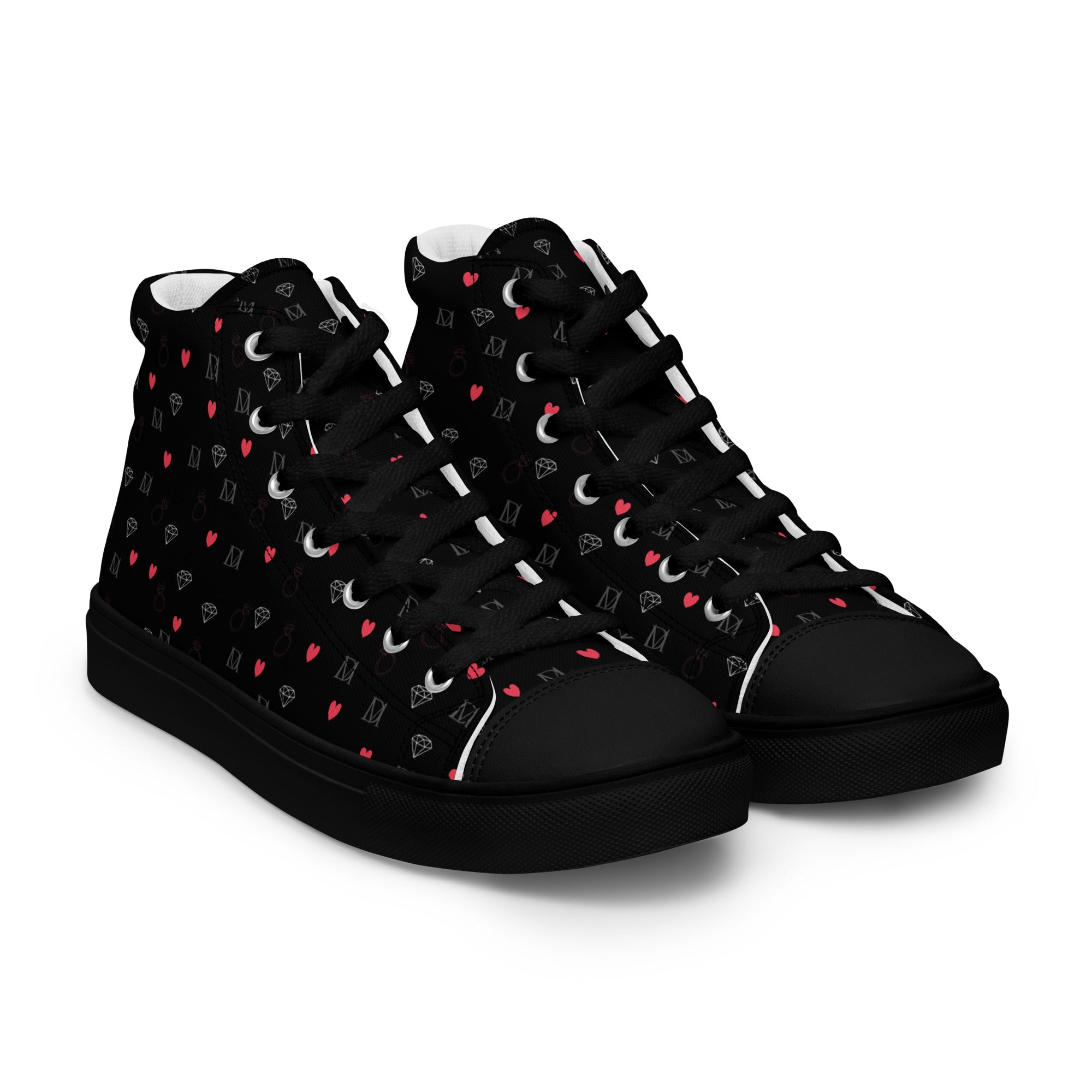 Black men's high-top canvas shoes with speckled diamond pattern from Daemon Luxury's NEMESIS Male collection, right front view.
