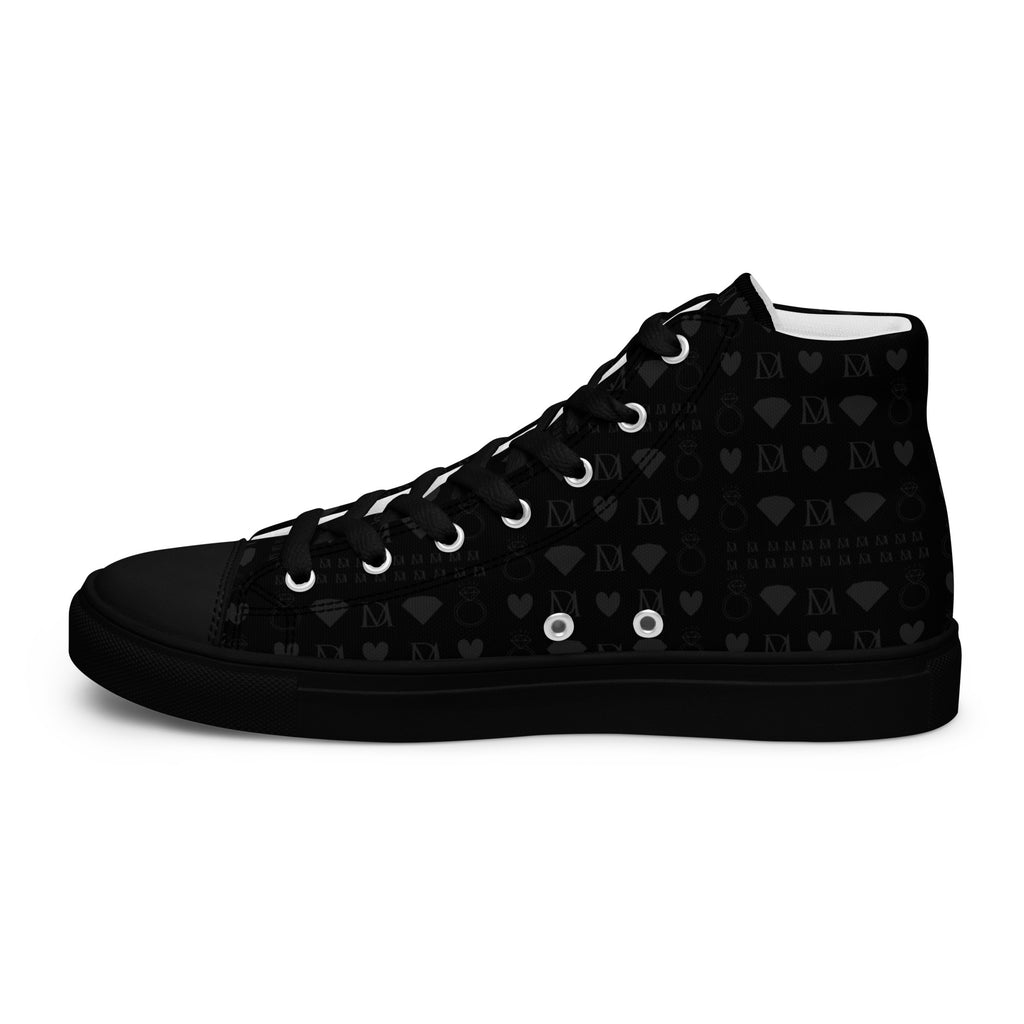 Black men's high-top canvas shoes from Daemon Luxury featuring frosted diamond accents on the inside right shoe.