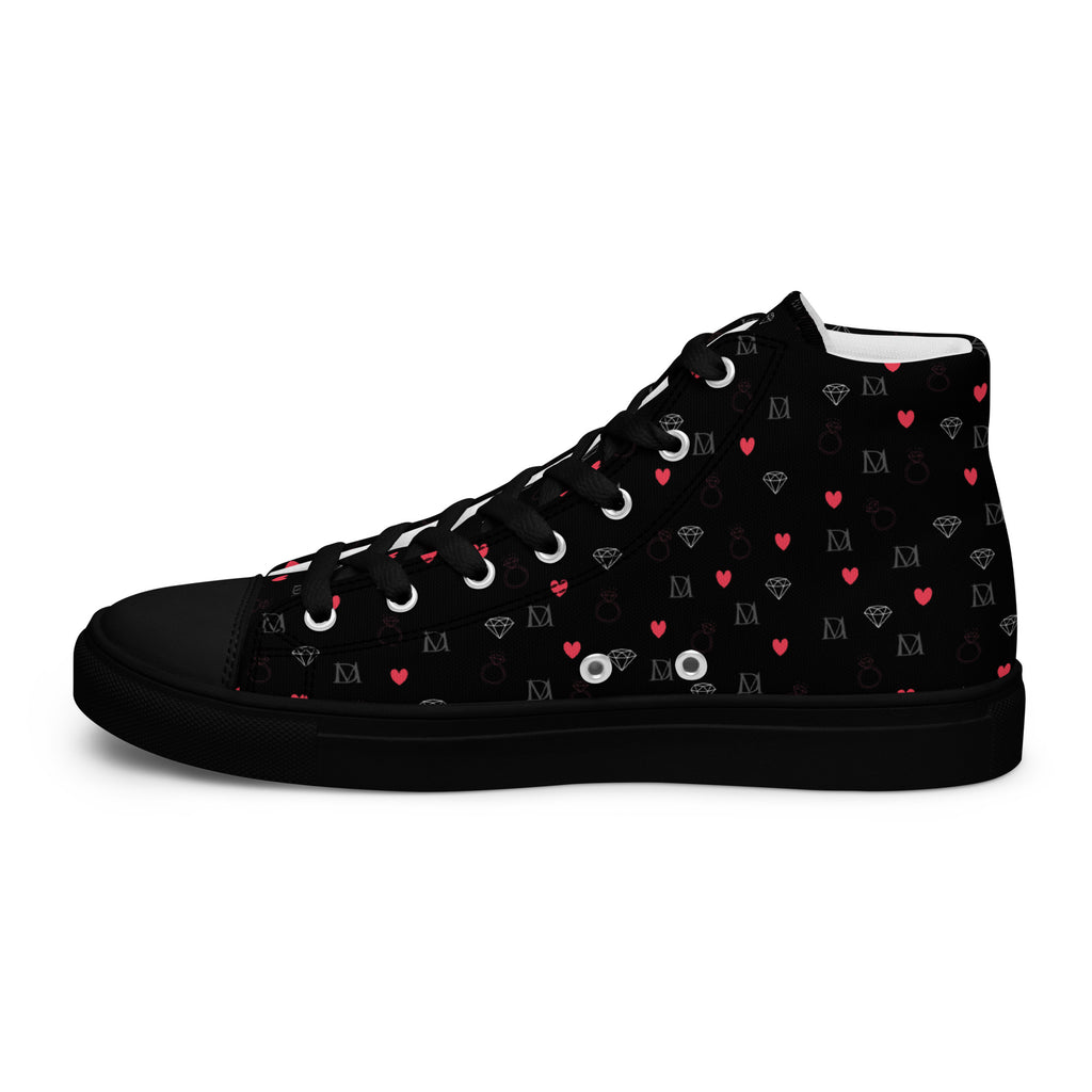 Black men's high-top canvas shoes from Daemon Luxury featuring speckled diamond pattern on the right inside.