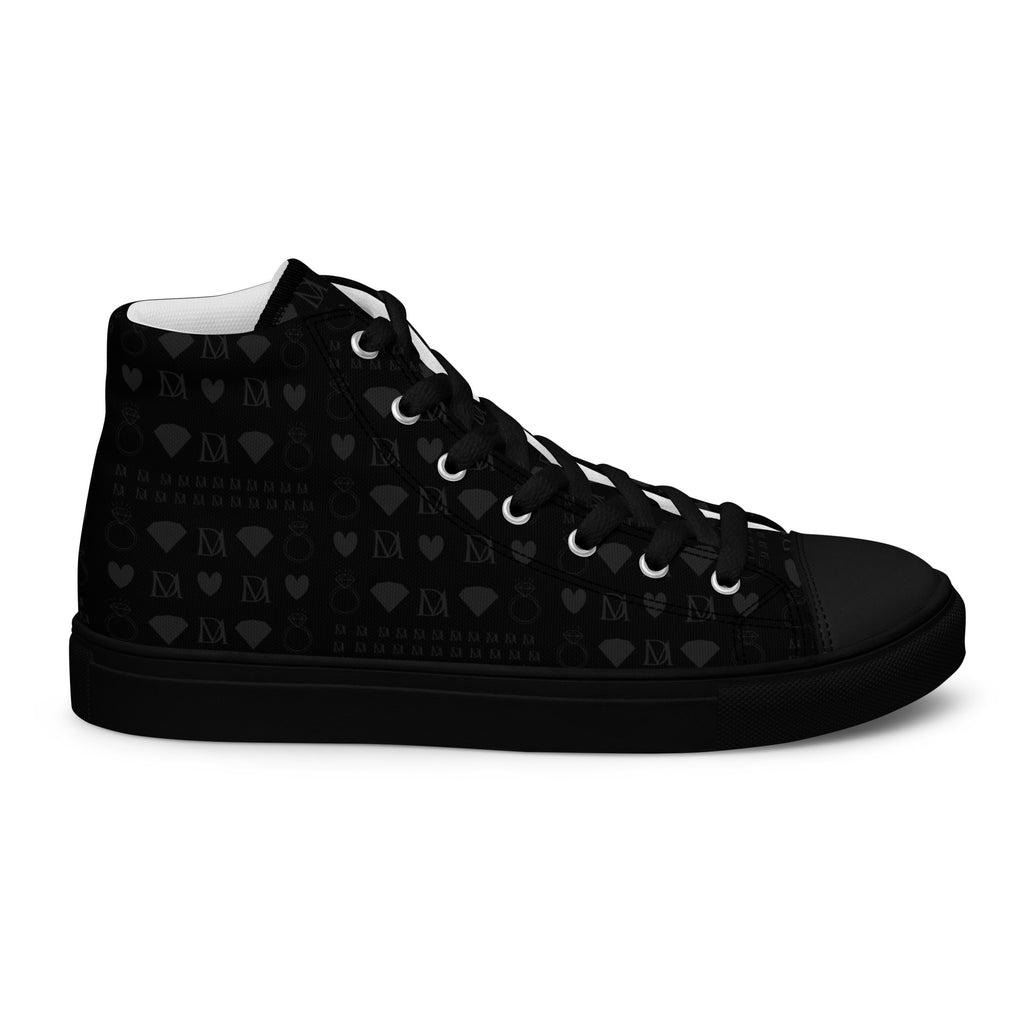 Black men's high-top canvas shoes from Daemon Luxury's Frosted Diamonds Platinum Dim collection, shown from the right outside angle.