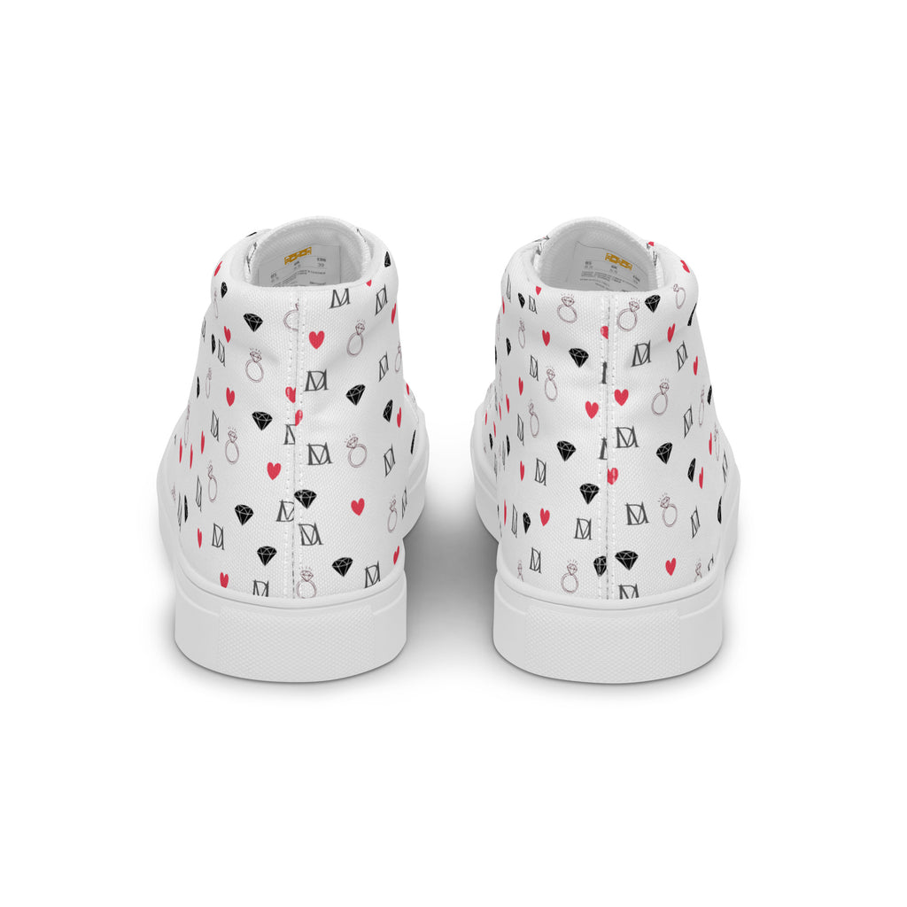White high-top canvas shoes by Daemon Luxury with speckled diamond pattern on the back, designed for stylish men's footwear.