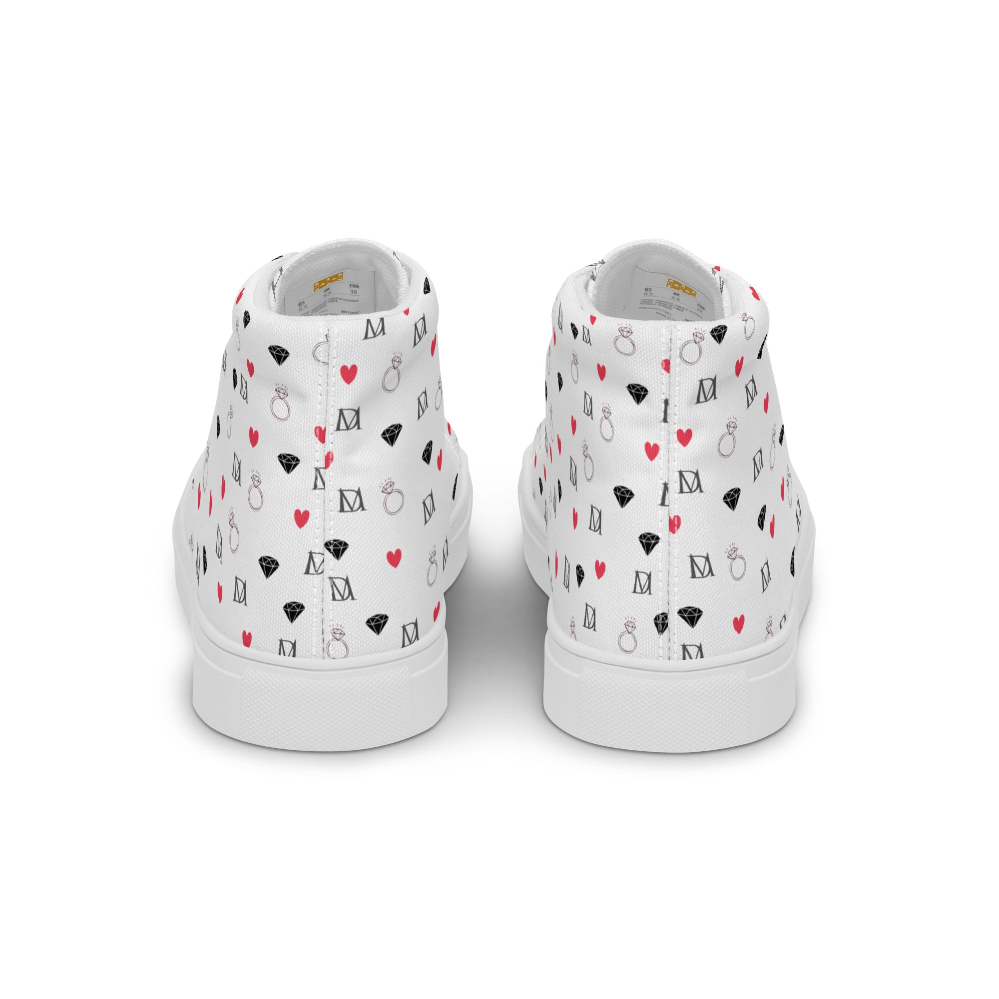 White high-top canvas shoes by Daemon Luxury with speckled diamond pattern on the back, designed for stylish men's footwear.