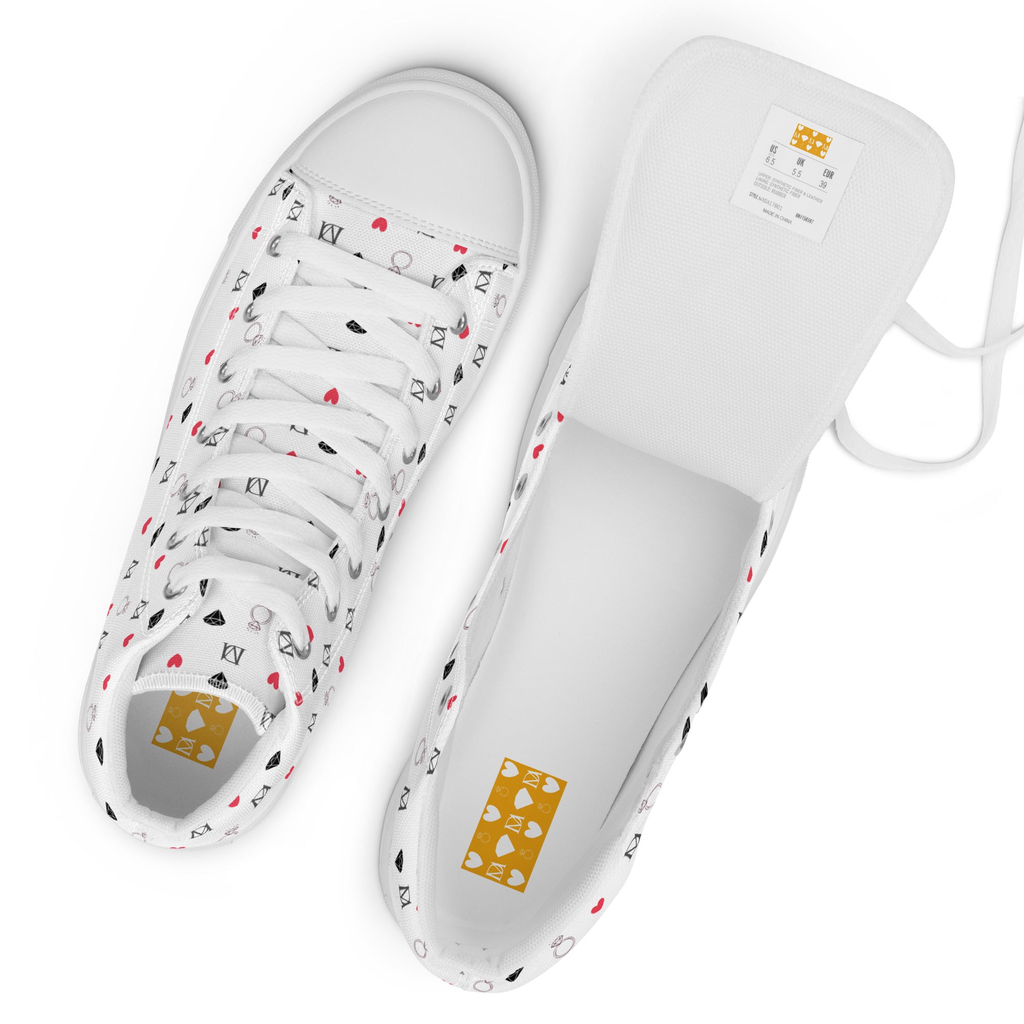 White men's high-top canvas shoes with speckled diamond Artica Blizzard design by Daemon Luxury.
