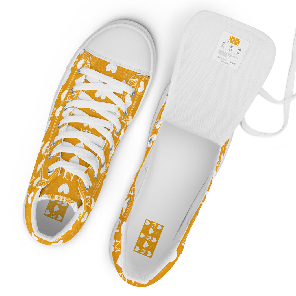 White men's high-top canvas shoes with frosted diamonds branding by Daemon Luxury, featuring a stylish and modern design.
