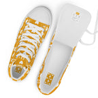 White men's high-top canvas shoes with frosted diamonds branding by Daemon Luxury, featuring a stylish and modern design.