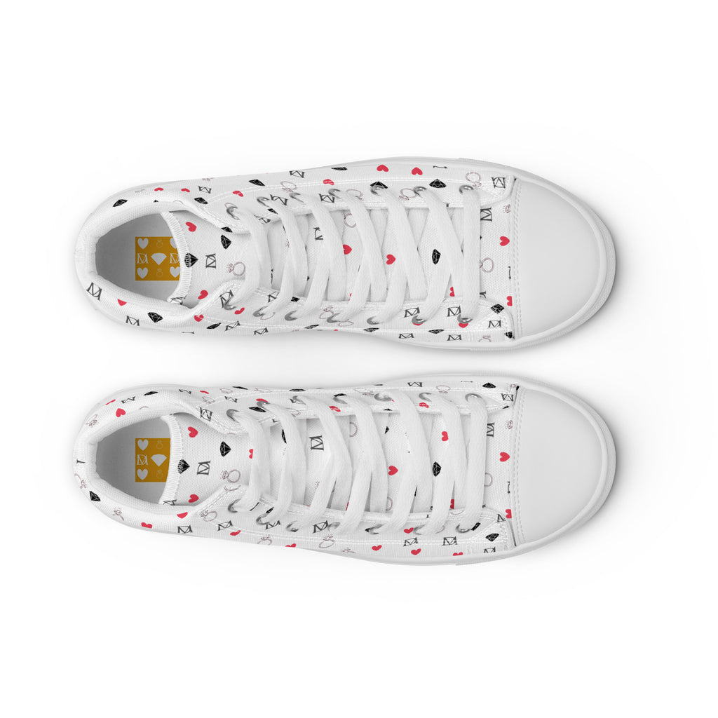 White high-top canvas shoes with speckled diamond pattern from Daemon Luxury's Artica Blizzard Male collection.