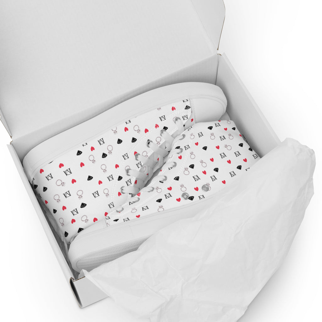 White men's high-top canvas shoes with speckled diamond pattern from Daemon Luxury's Artica Blizzard collection.