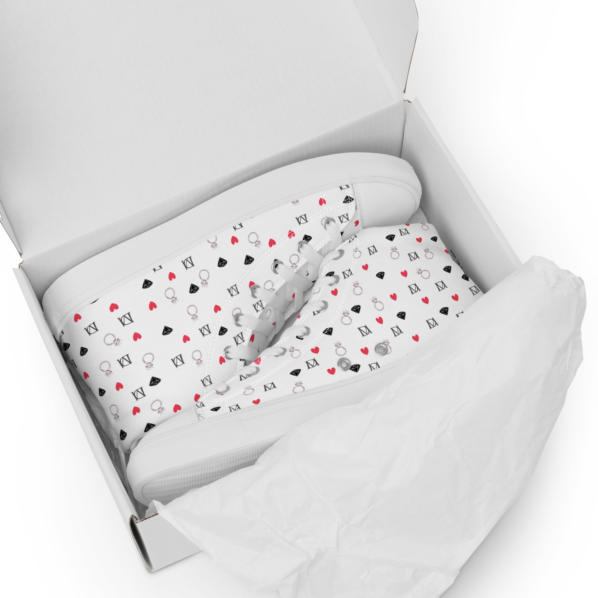 White men's high-top canvas shoes with speckled diamond pattern from Daemon Luxury's Artica Blizzard collection.