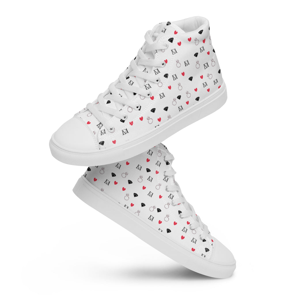 White men's high-top canvas shoes with speckled diamond design by Daemon Luxury, front view.