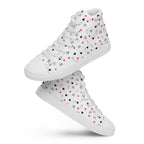 White men's high-top canvas shoes with speckled diamond design by Daemon Luxury, front view.