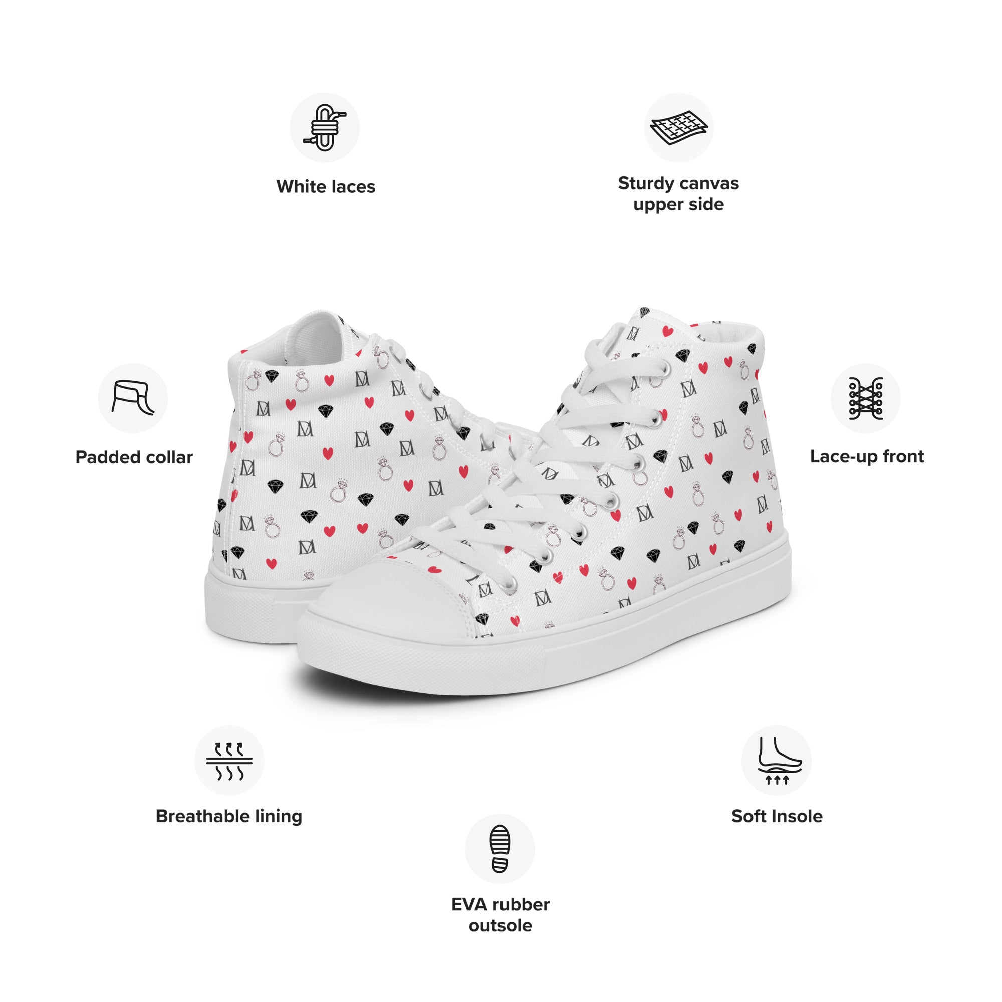 Daemon Luxury Speckled Diamonds Artica Blizzard male high-top canvas shoes in white, showing the left side of the stylish footwear.