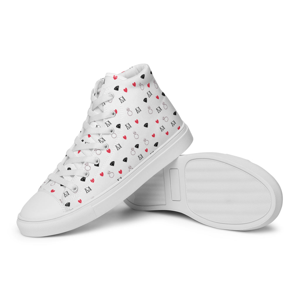 White men's high-top canvas shoes with speckled diamond design by Daemon Luxury, showcasing stylish casual footwear.
