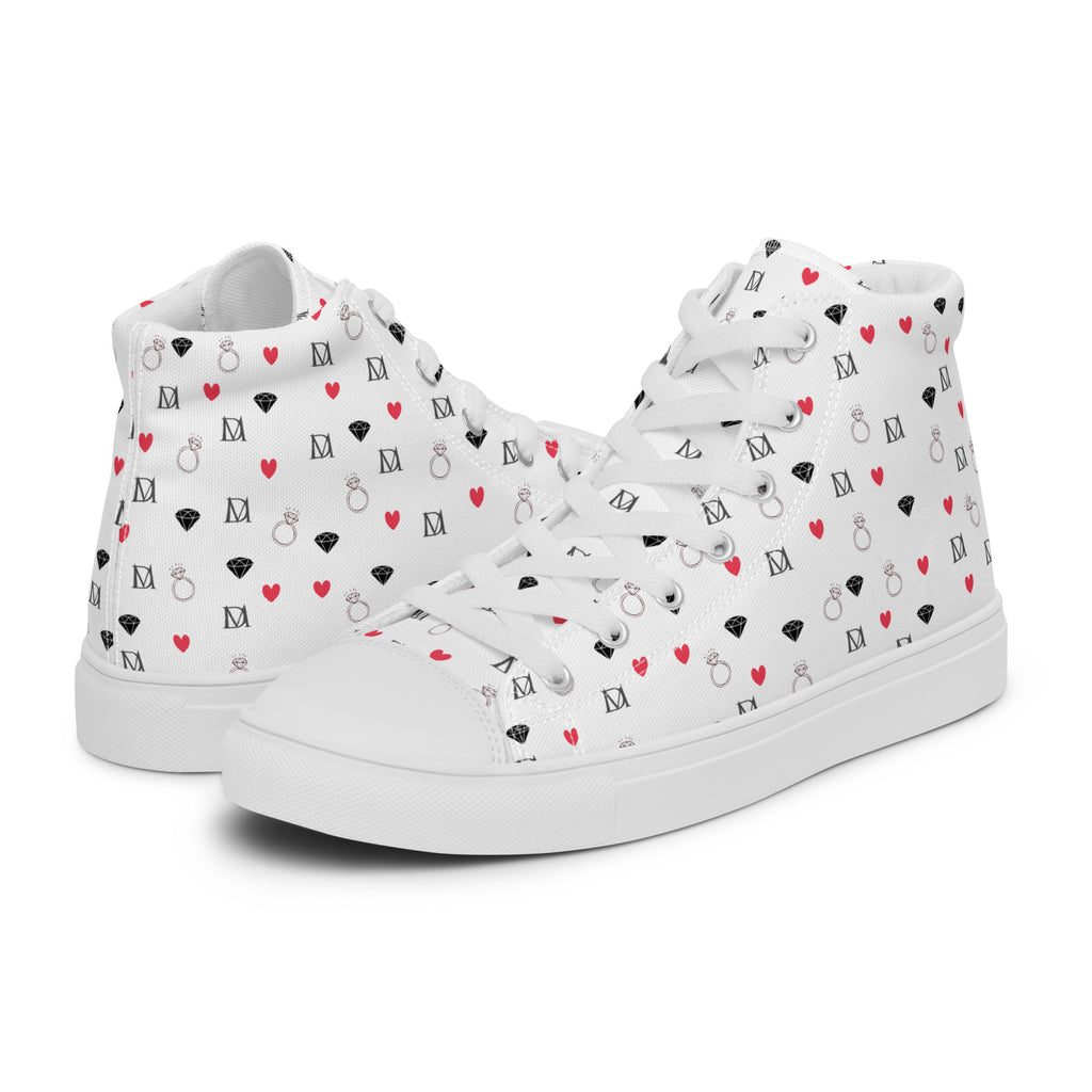 Men's high-top canvas shoes by Daemon Luxury featuring speckled diamond patterns in white on the left shoe.