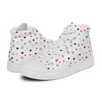 Men's high-top canvas shoes by Daemon Luxury featuring speckled diamond patterns in white on the left shoe.
