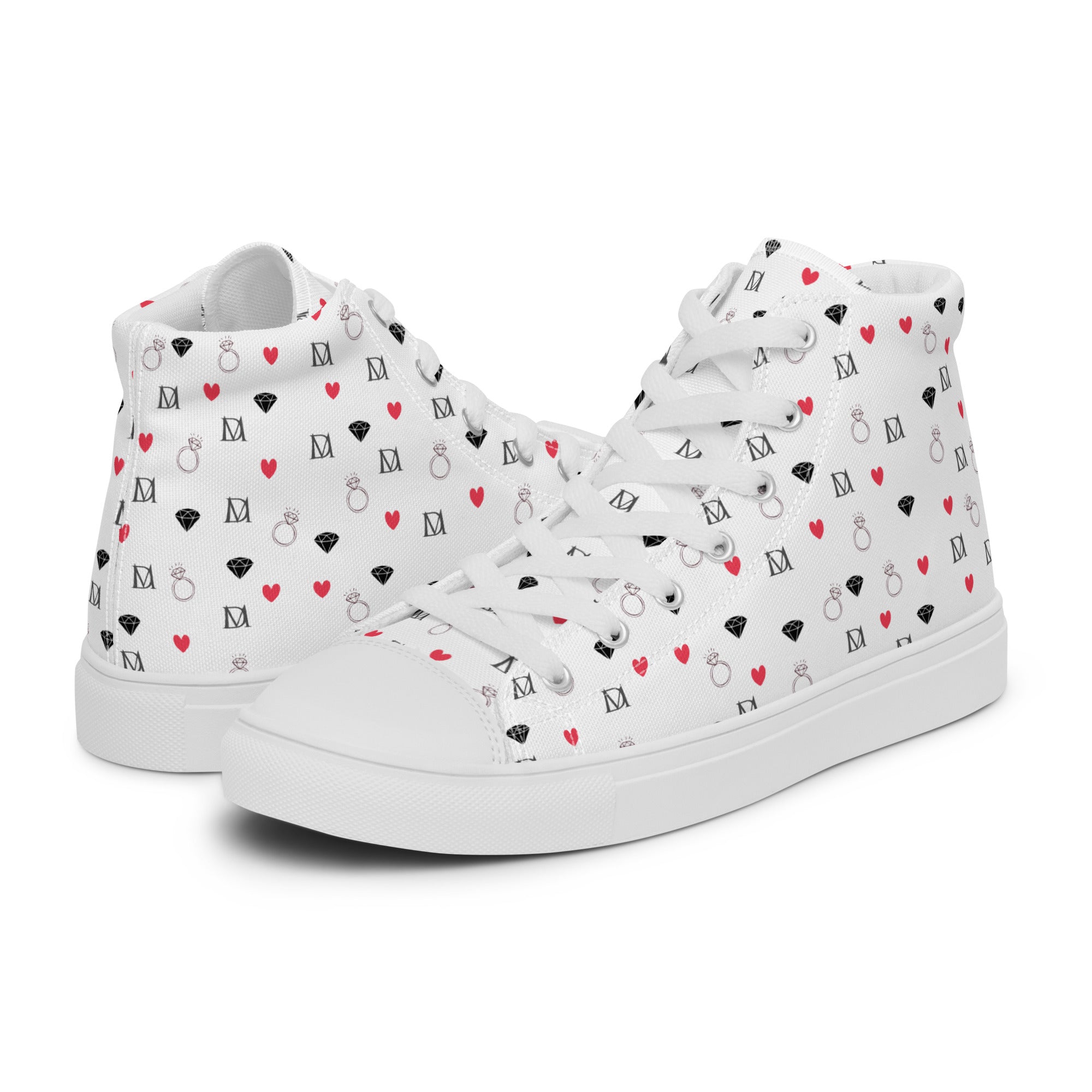 Men's high-top canvas shoes by Daemon Luxury featuring speckled diamond patterns in white on the left shoe.