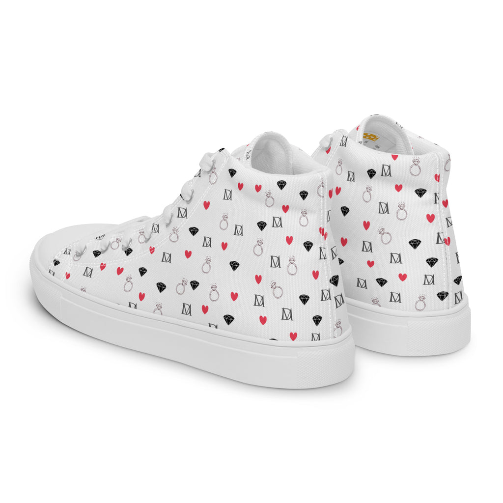 White men's high-top canvas shoes featuring speckled diamond patterns from Daemon Luxury's Artica Blizzard collection.