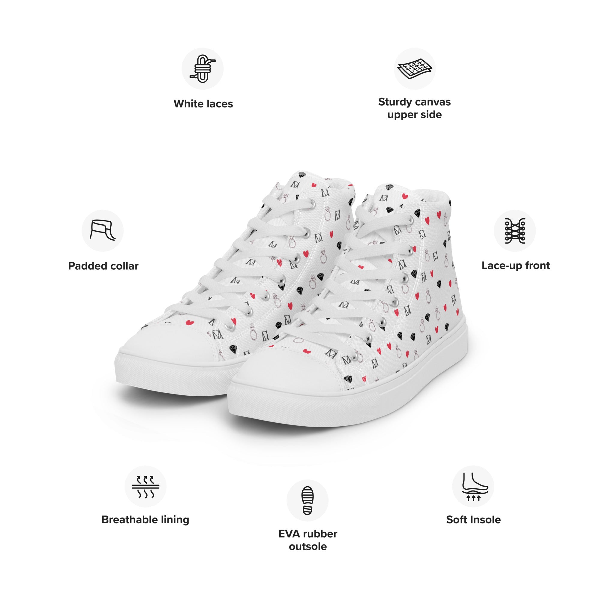 White men's high-top canvas shoes with speckled diamond pattern from Daemon Luxury's Artica Blizzard collection.