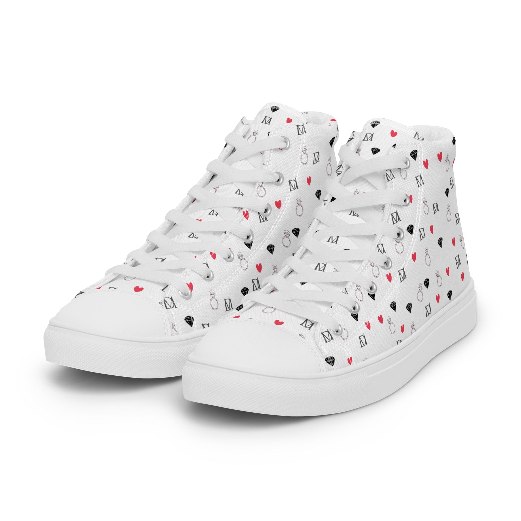 White men's high-top canvas shoes with speckled diamond pattern from Daemon Luxury's Artica Blizzard collection.