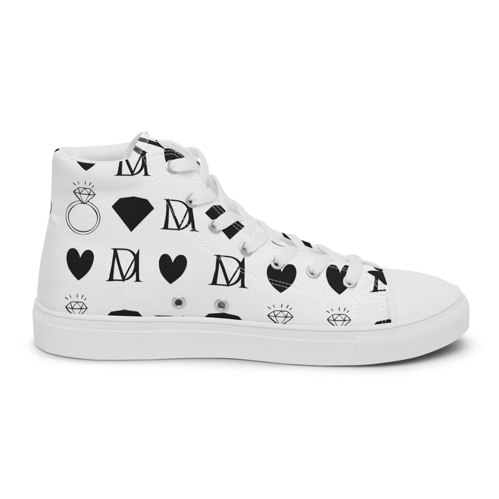 White men's high-top canvas shoes from Daemon's Dim Diamonds Artica Blizzard collection, shown from the inside left angle.