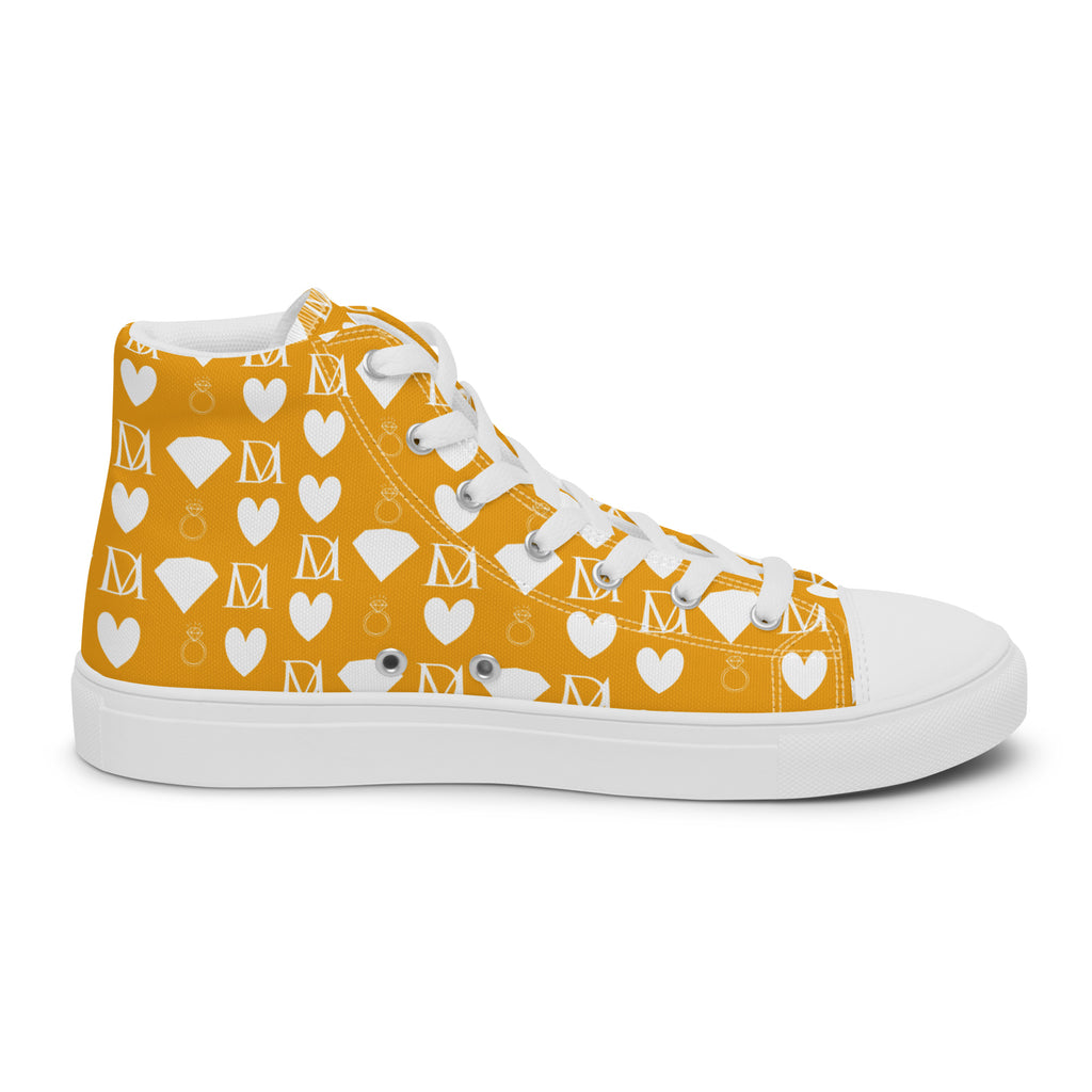 White men's high-top canvas shoes by Daemon Luxury featuring frosted diamond embellishments on the inside left side.