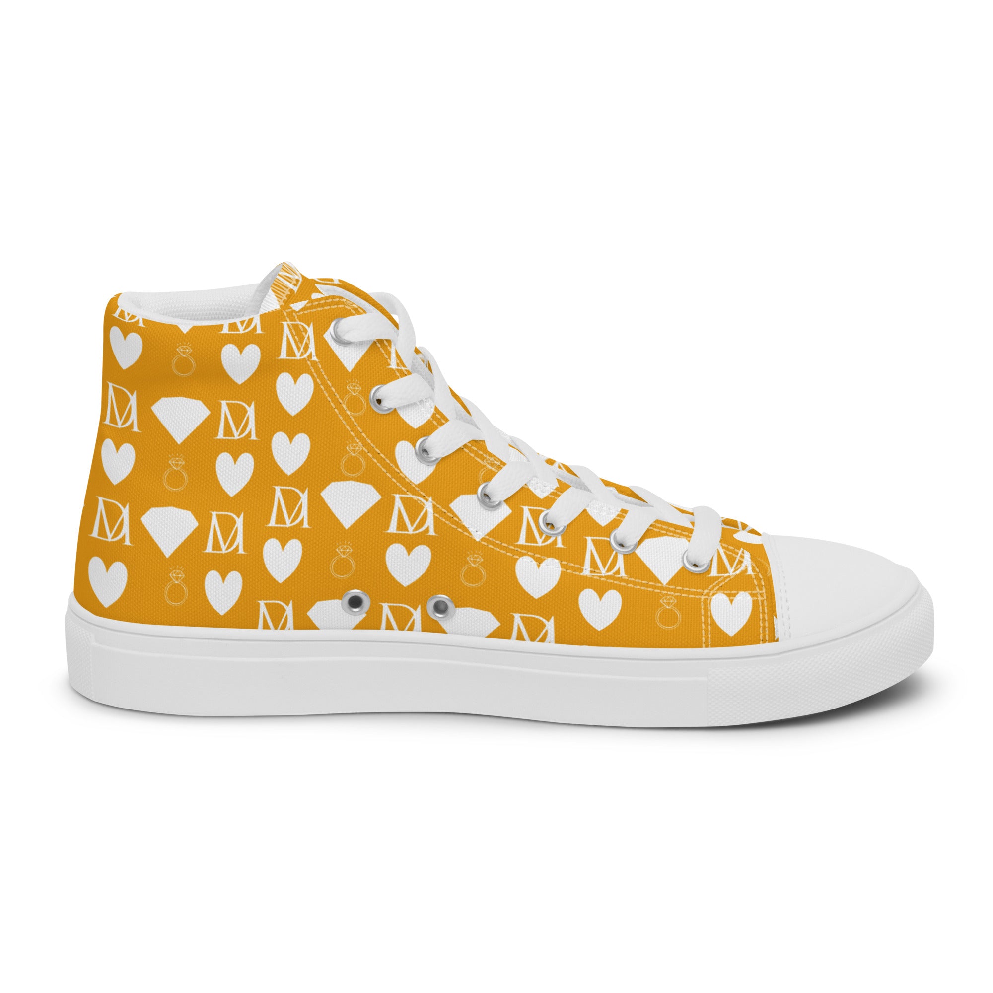 White men's high-top canvas shoes by Daemon Luxury featuring frosted diamond embellishments on the inside left side.