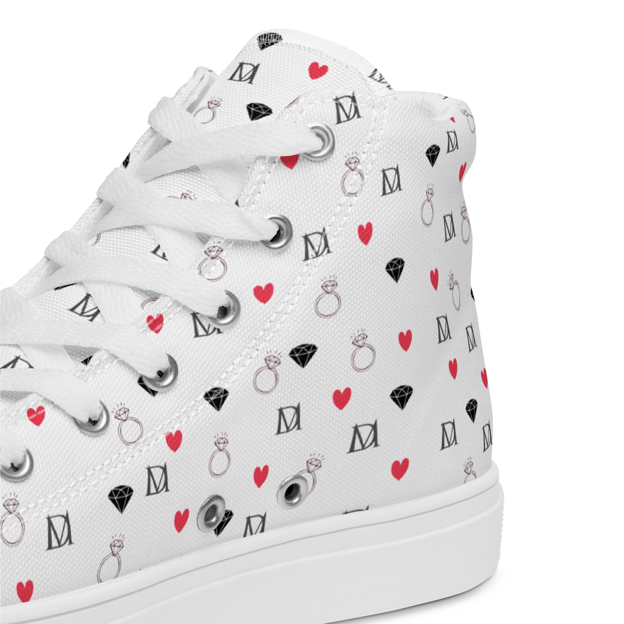 White high-top canvas shoes featuring speckled diamond design from Daemon Luxury's Artica Blizzard Male collection.