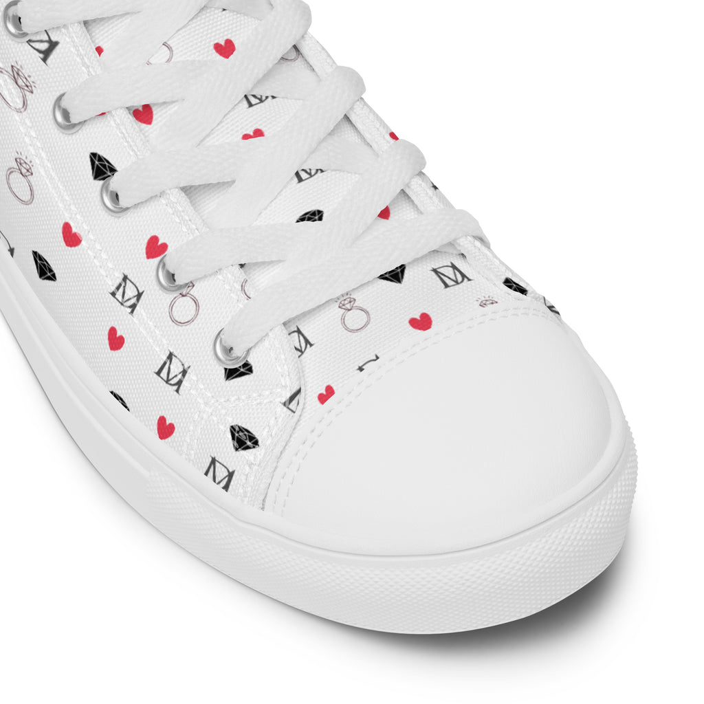 White high-top canvas shoes with speckled diamond pattern from Daemon Luxury's Artica Blizzard Male collection.