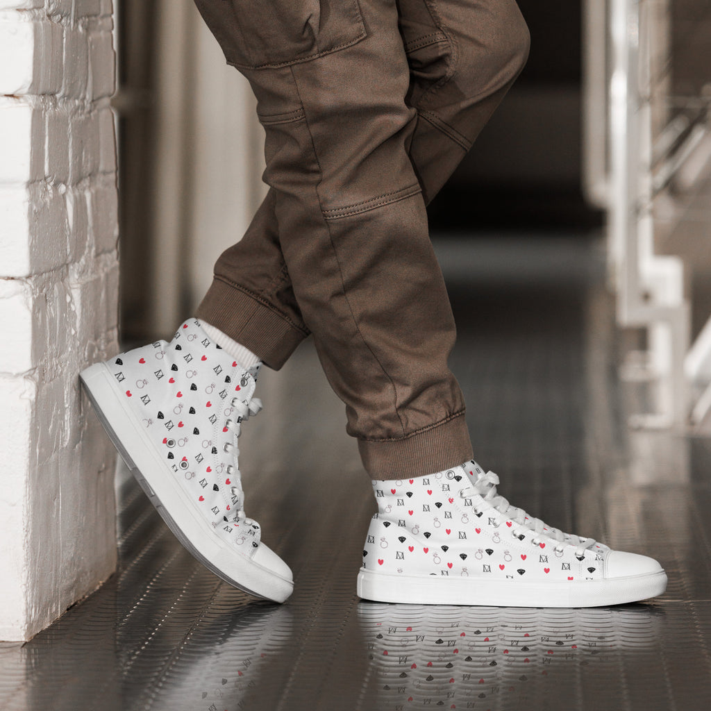 White men's high-top canvas shoes featuring speckled diamond Artica Blizzard design by Daemon Luxury, shown from the right side.