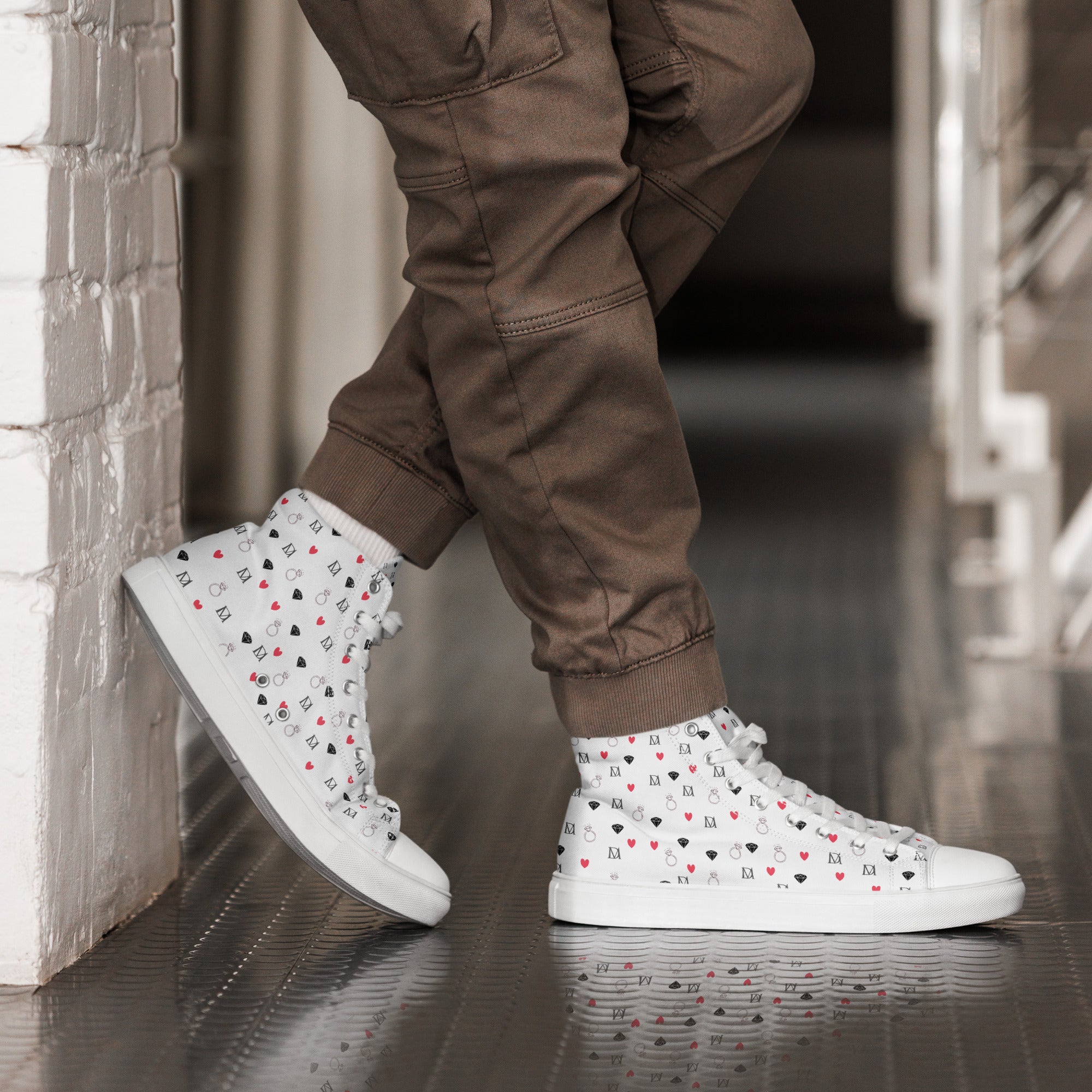 White men's high-top canvas shoes featuring speckled diamond Artica Blizzard design by Daemon Luxury, shown from the right side.