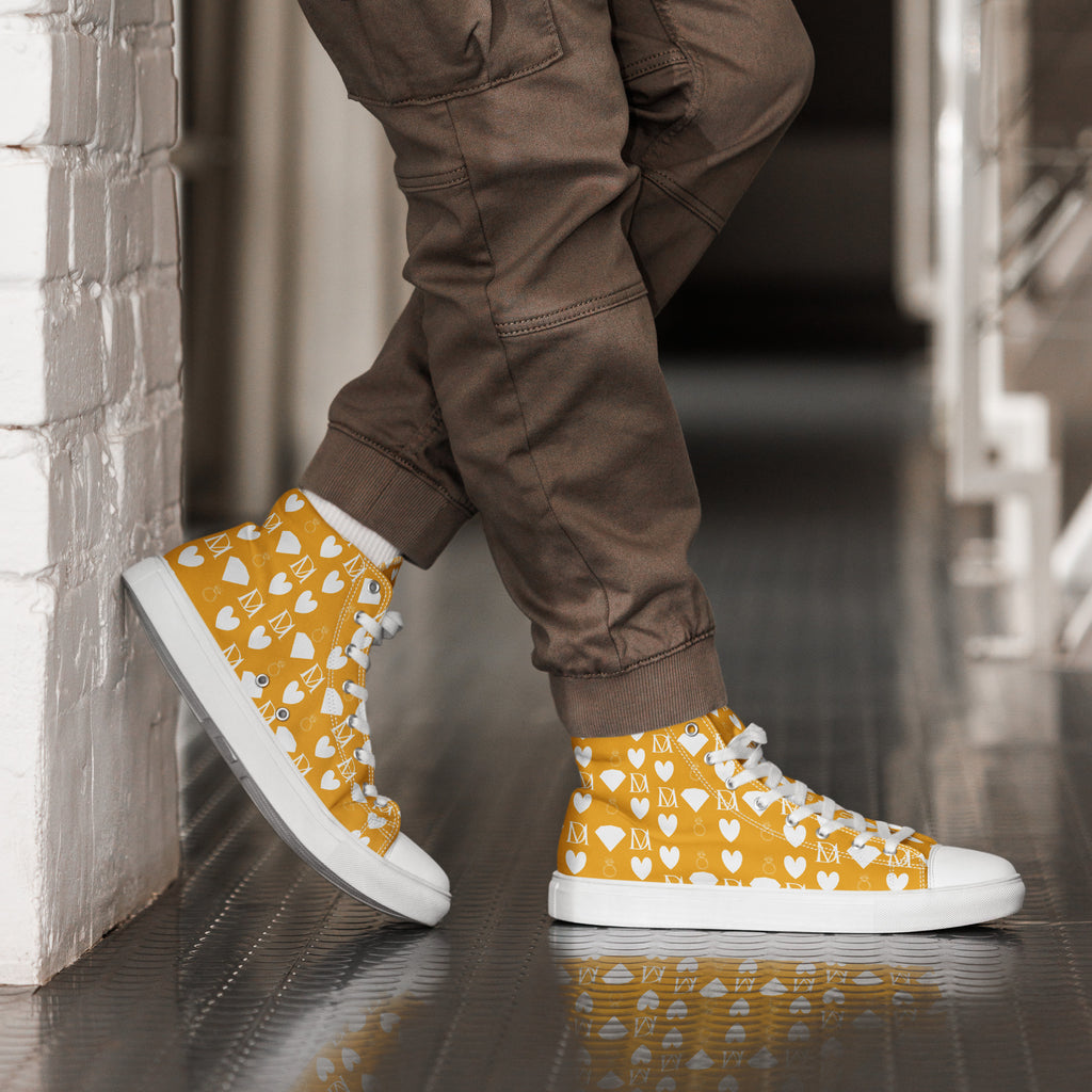White men's high-top canvas shoes featuring frosted diamond design by Daemon Luxury, stylish and comfortable footwear.