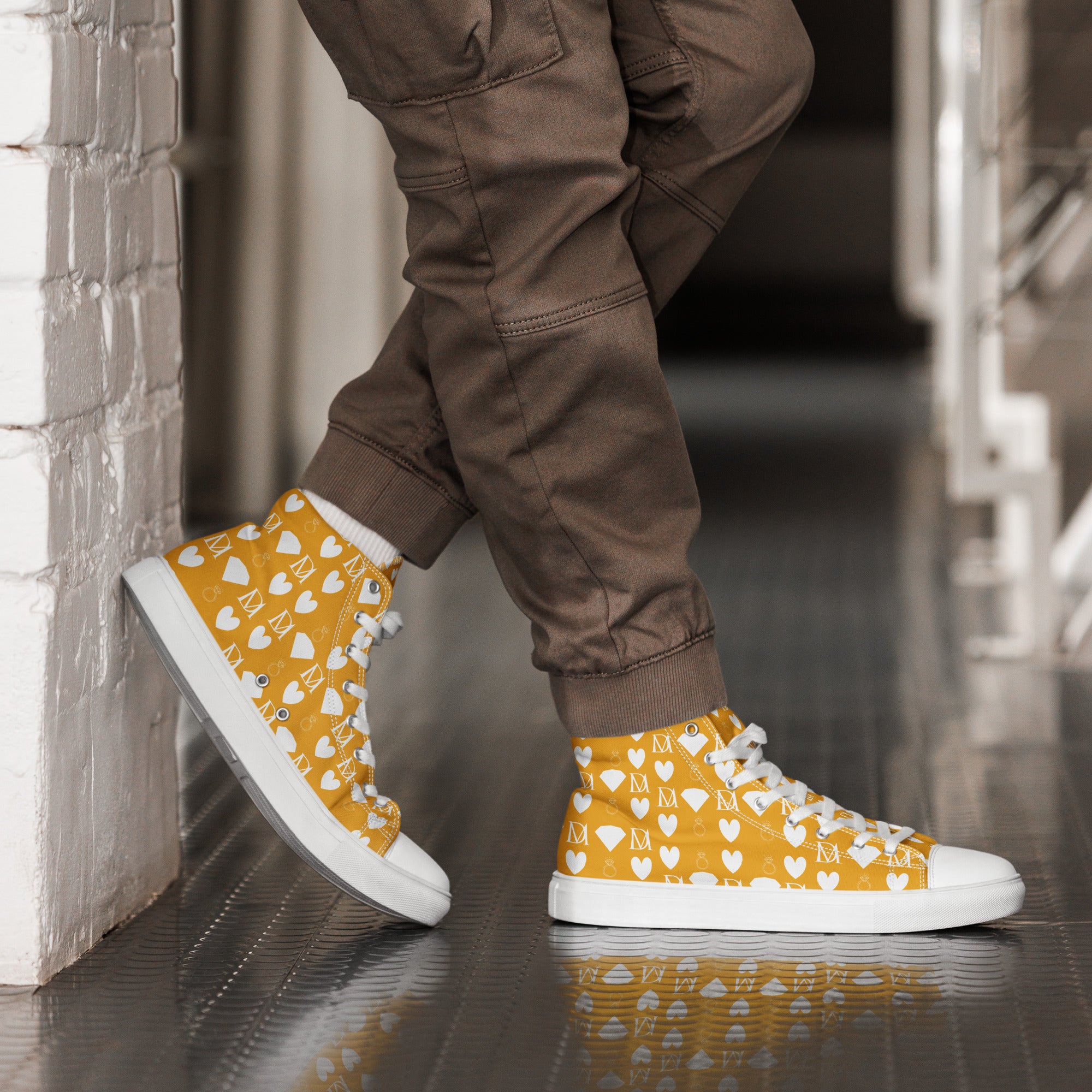 White men's high-top canvas shoes featuring frosted diamond design by Daemon Luxury, stylish and comfortable footwear.