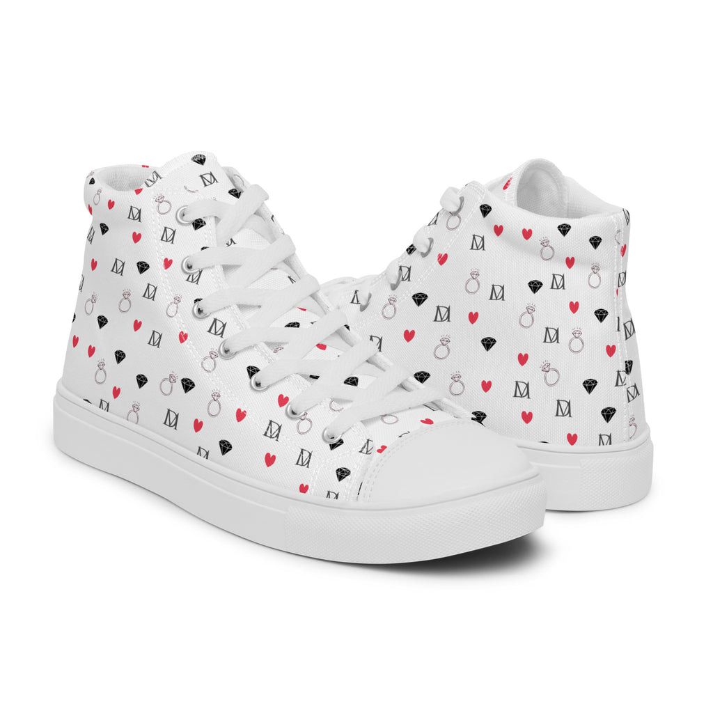 White men's high-top canvas shoes by Daemon Luxury featuring speckled diamond Artica Blizzard design, right side view.