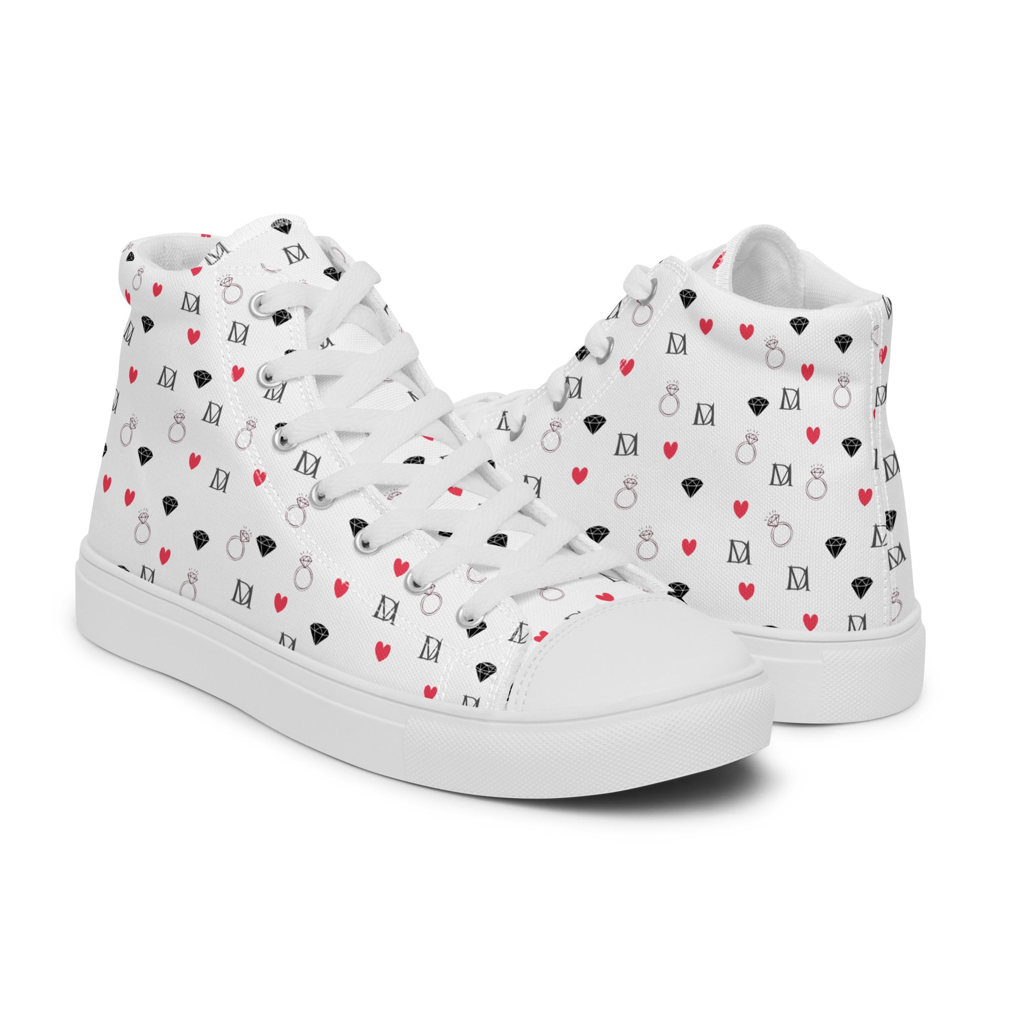White men's high-top canvas shoes by Daemon Luxury featuring speckled diamond Artica Blizzard design, right side view.
