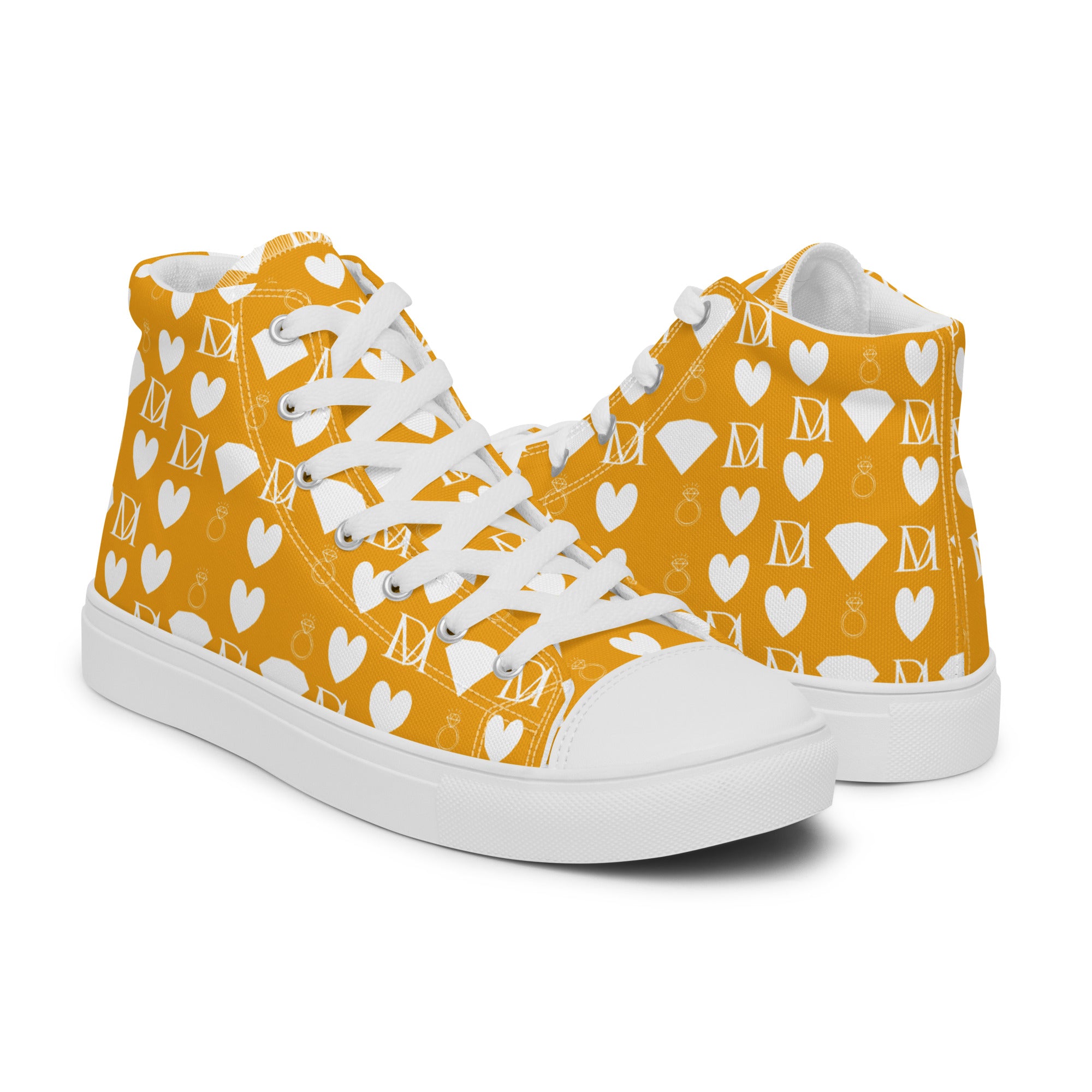 White high-top canvas shoes from Daemon Luxury with frosted diamond pattern, designed for men.