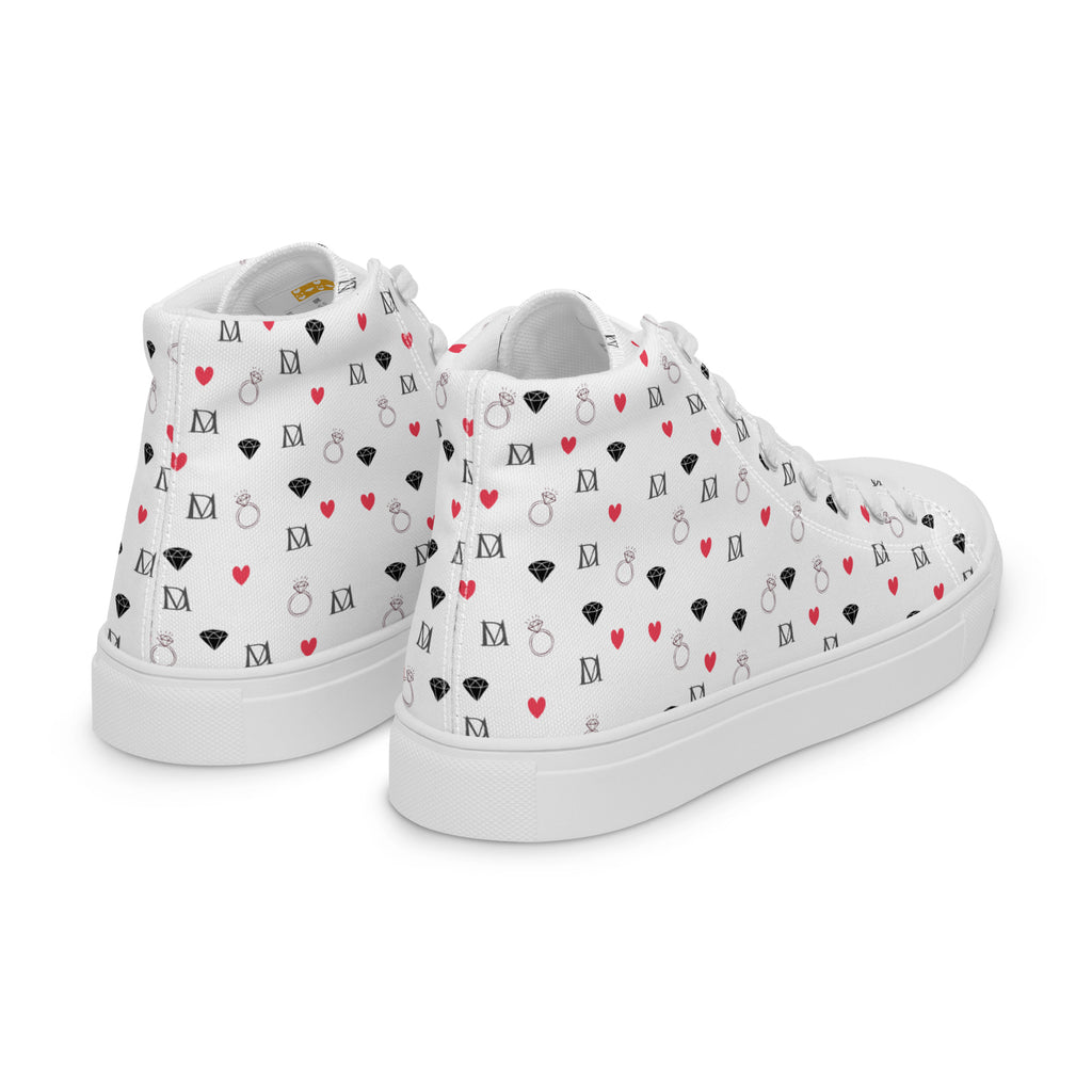 Men's high-top canvas shoes by Daemon Luxury in white with speckled diamond design, shown from the right back angle.