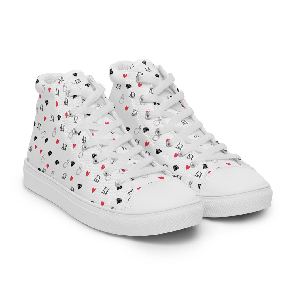 White men's high-top canvas shoes with speckled diamond pattern from Daemon Luxury Artica Blizzard collection, showing front right view.