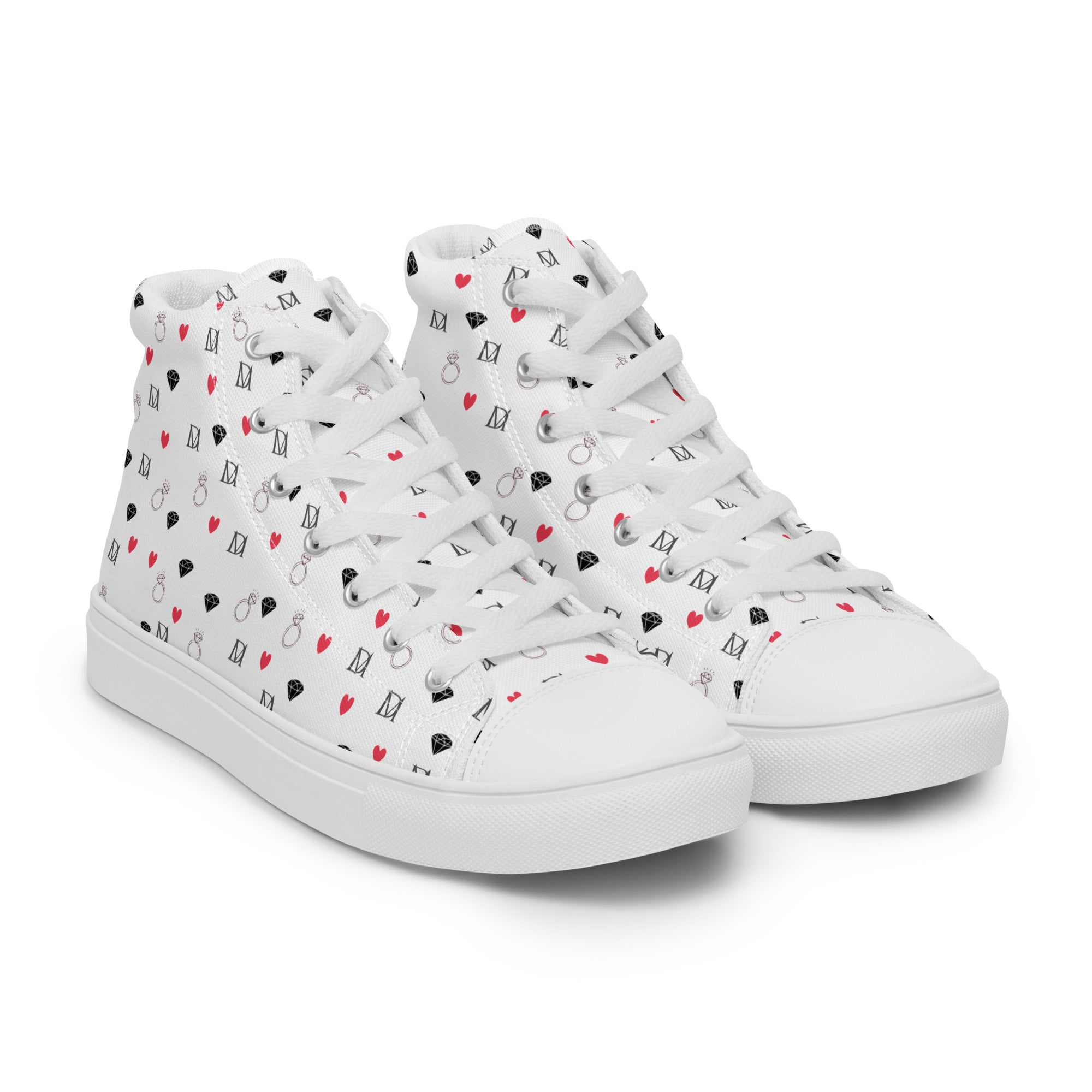 White men's high-top canvas shoes with speckled diamond pattern from Daemon Luxury Artica Blizzard collection, showing front right view.