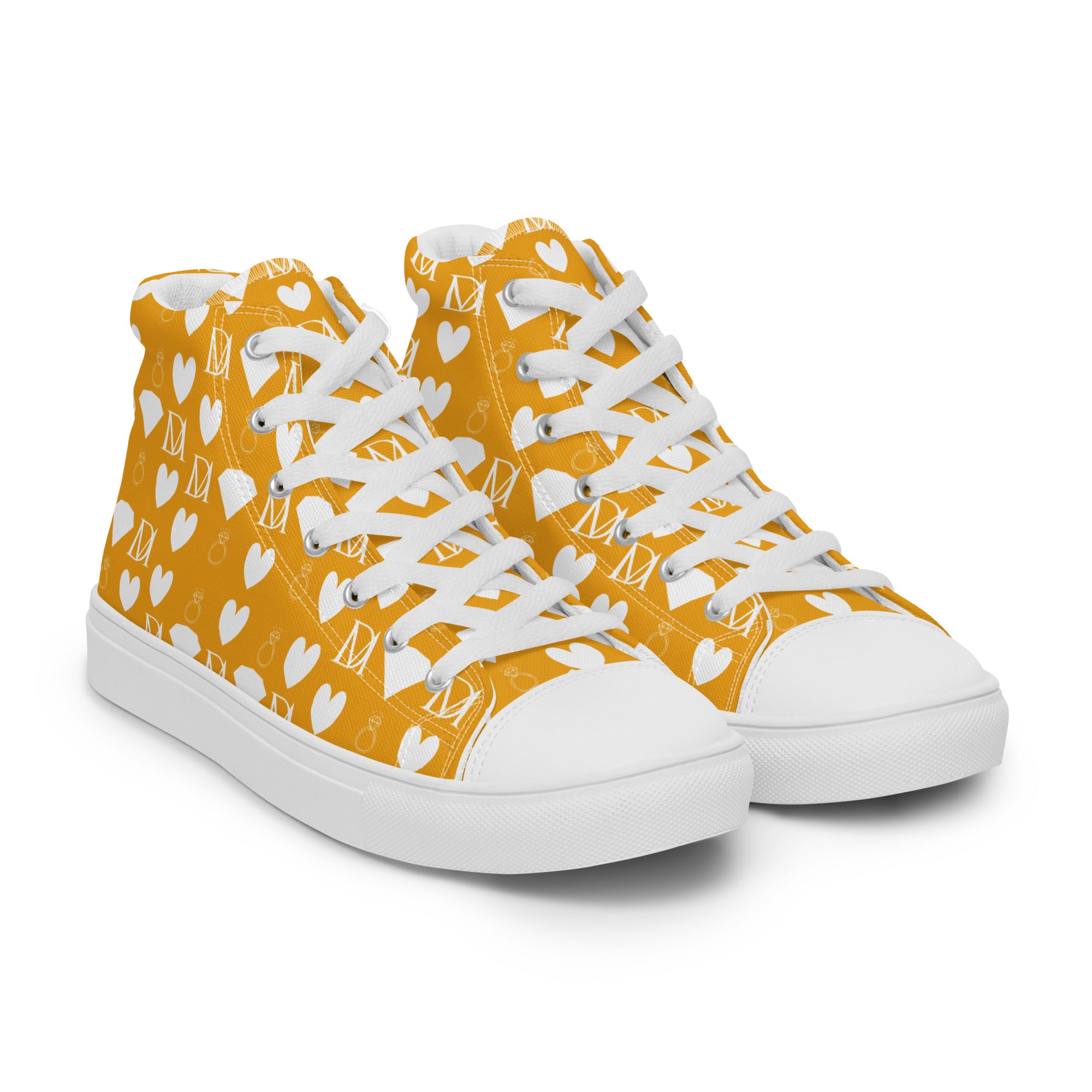 White men's high-top canvas shoes featuring frosted diamond details from Daemon Luxury, shown from the front right view.