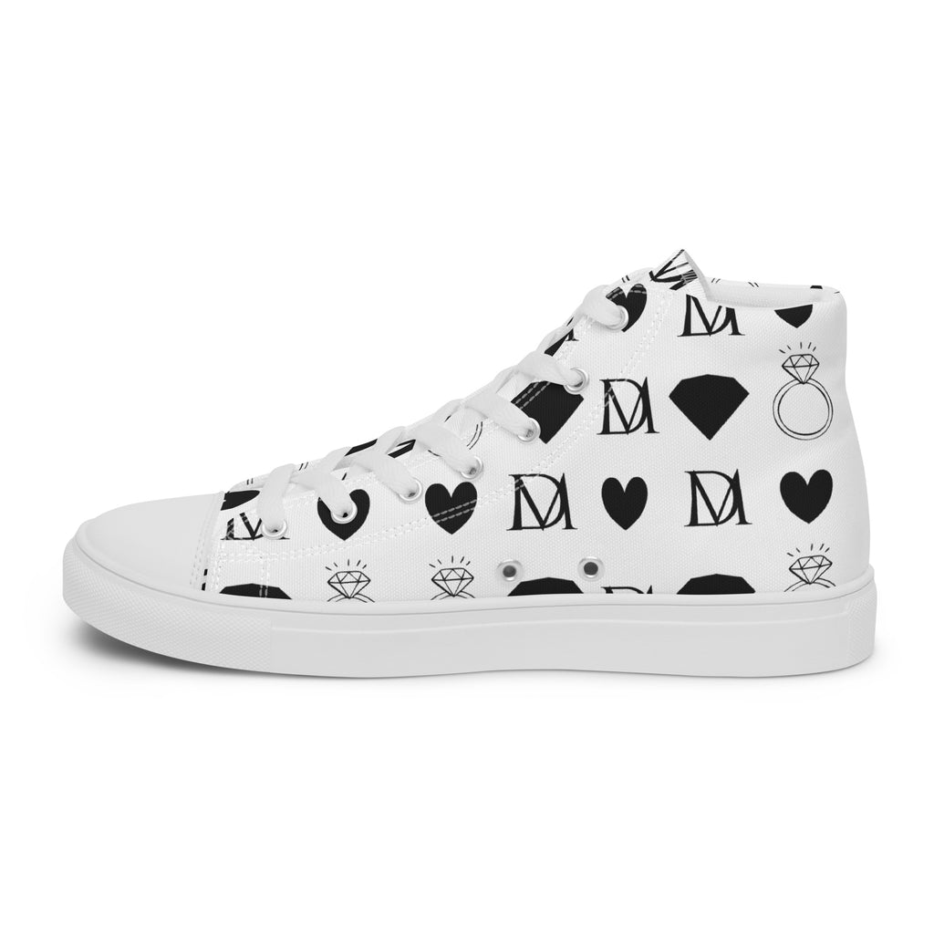 White men's high-top canvas shoes from Daemon's Dim Diamonds Artica Blizzard collection, shown from the right inside angle.