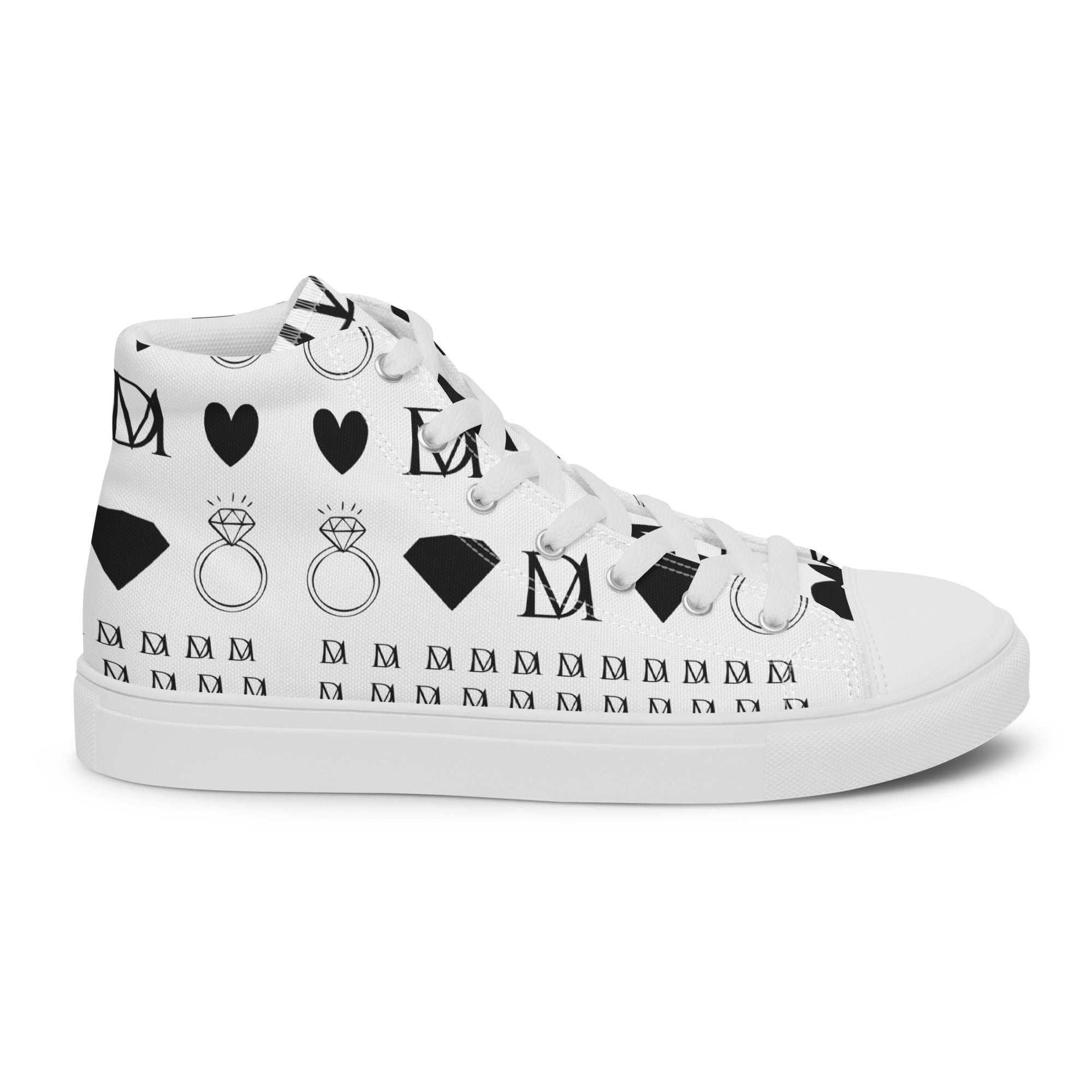 White men's high-top canvas shoes from Daemon's Dim Diamonds Artica Blizzard collection, shown from the right outside view.
