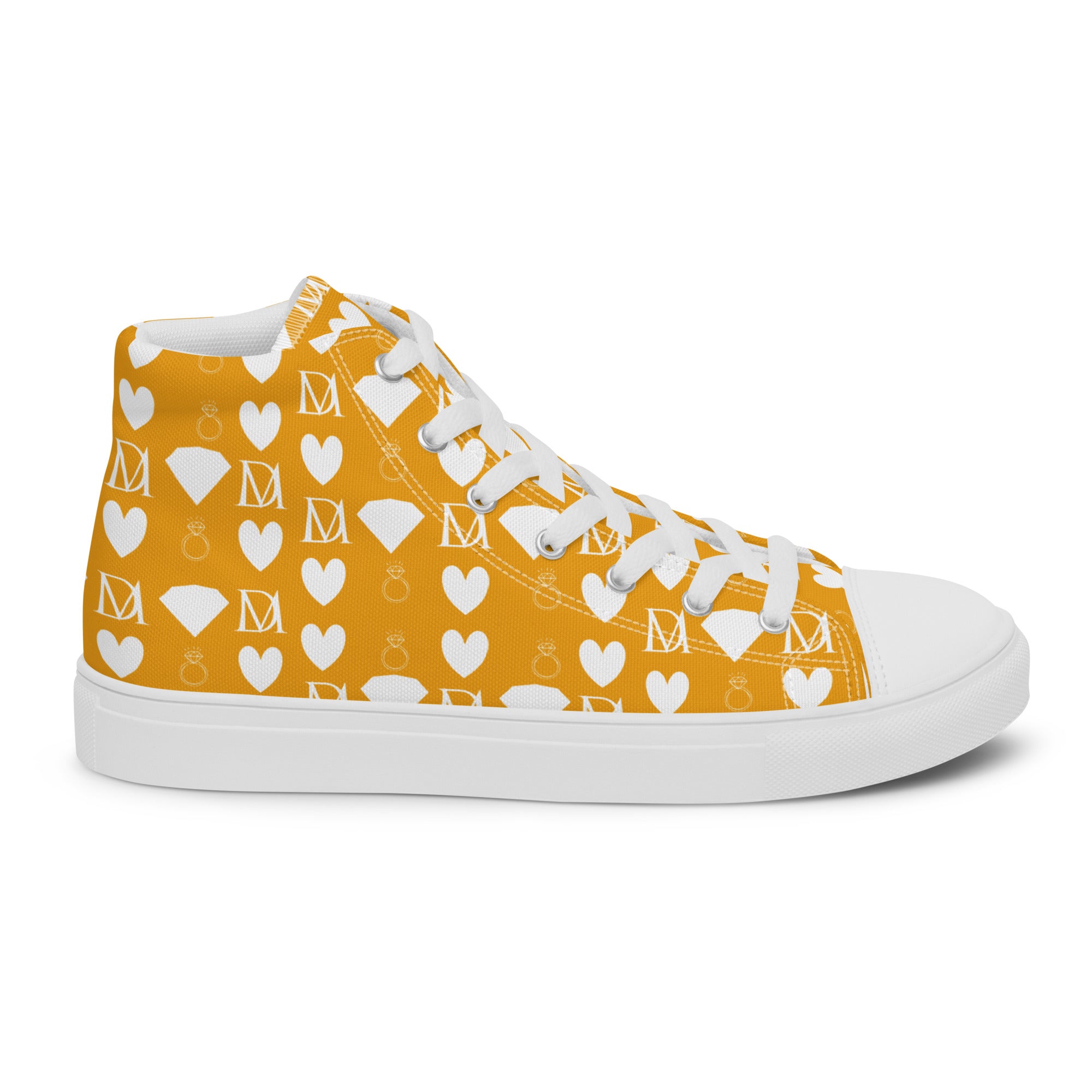 Men's white high-top canvas shoes with frosted diamond detailing by Daemon Luxury, shown from the right outside.