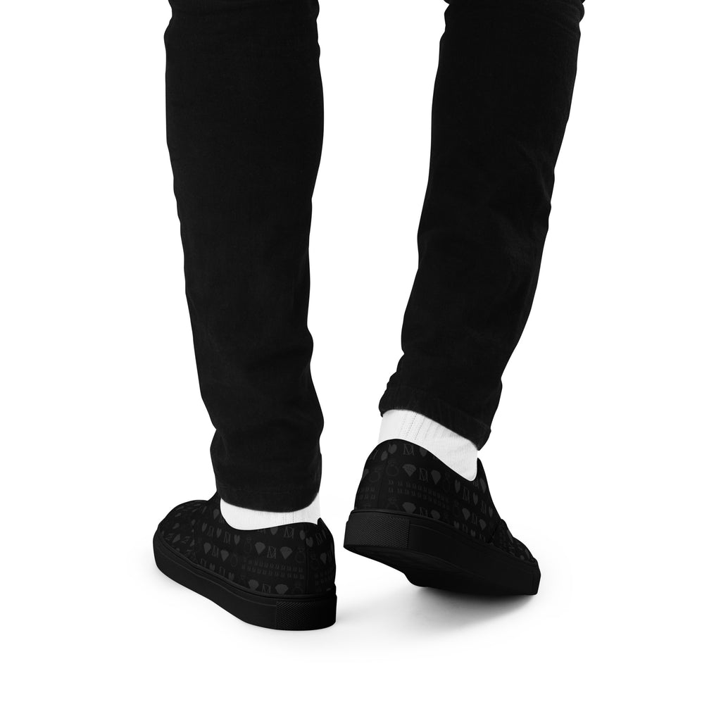 Black men's lace-up canvas shoes from Daemon Luxury with frosted diamond detailing on the platinum dim material.
