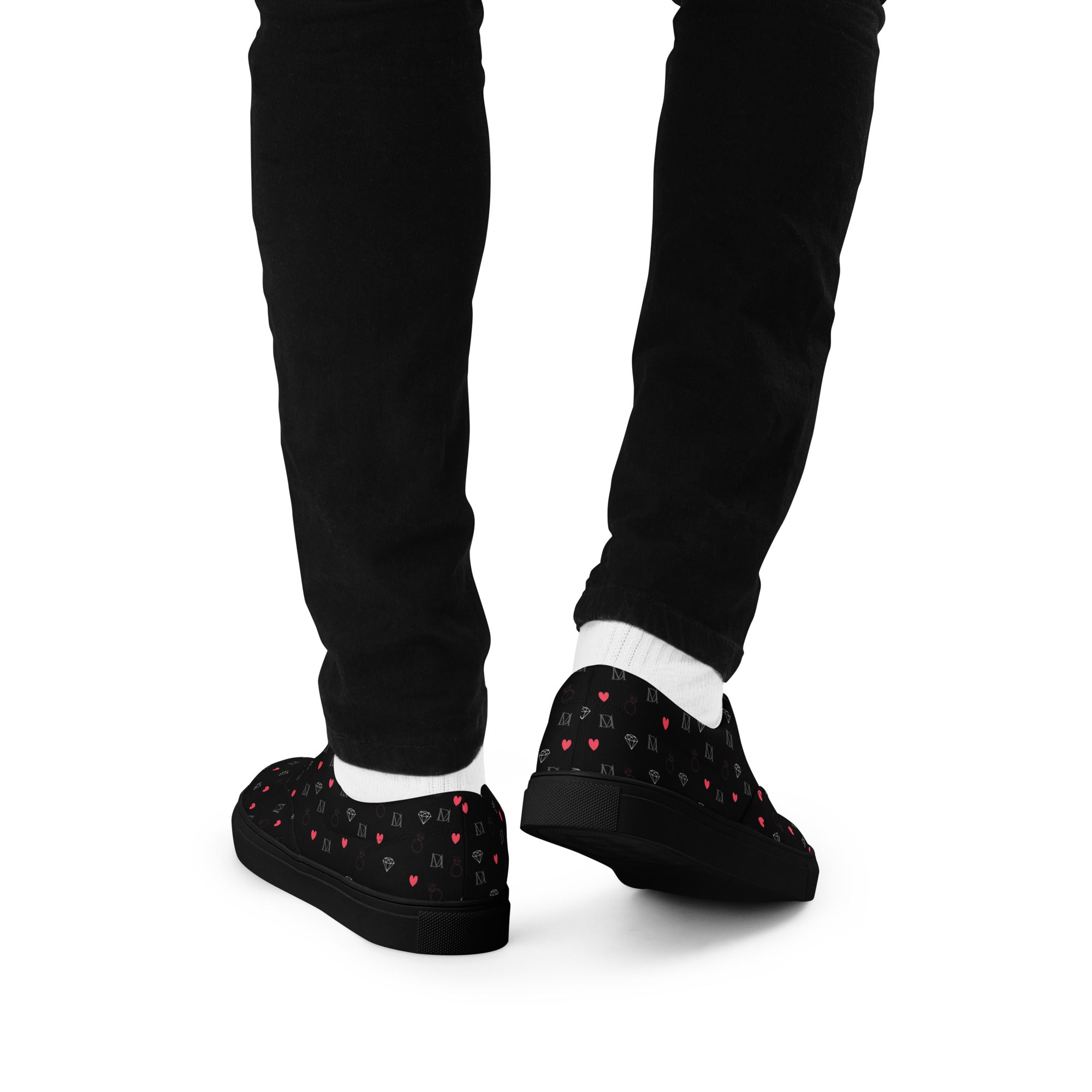 Black men's lace-up canvas shoes with speckled diamond pattern by Daemon Luxury, featuring a sleek back design.