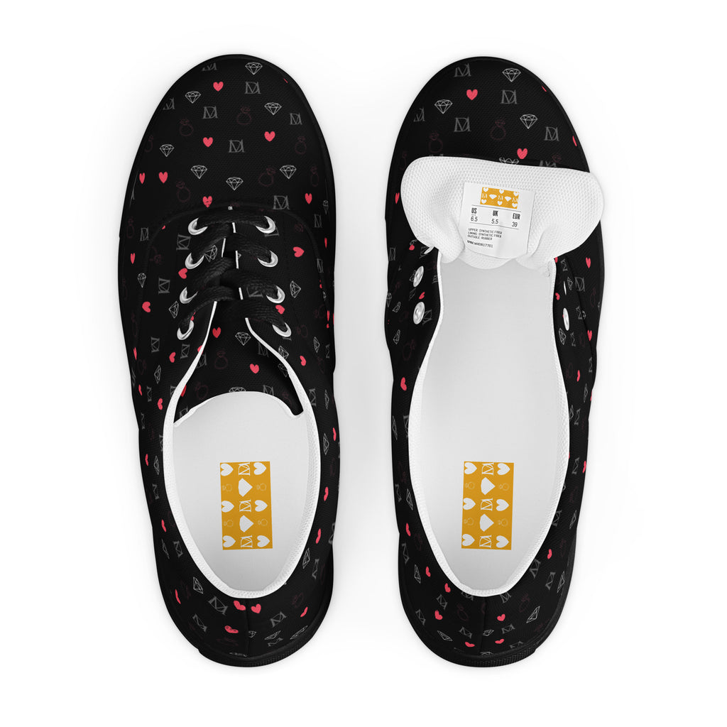 Black men's lace-up canvas shoes featuring speckled diamond patterns from Daemon Luxury's NEMESIS Male collection.
