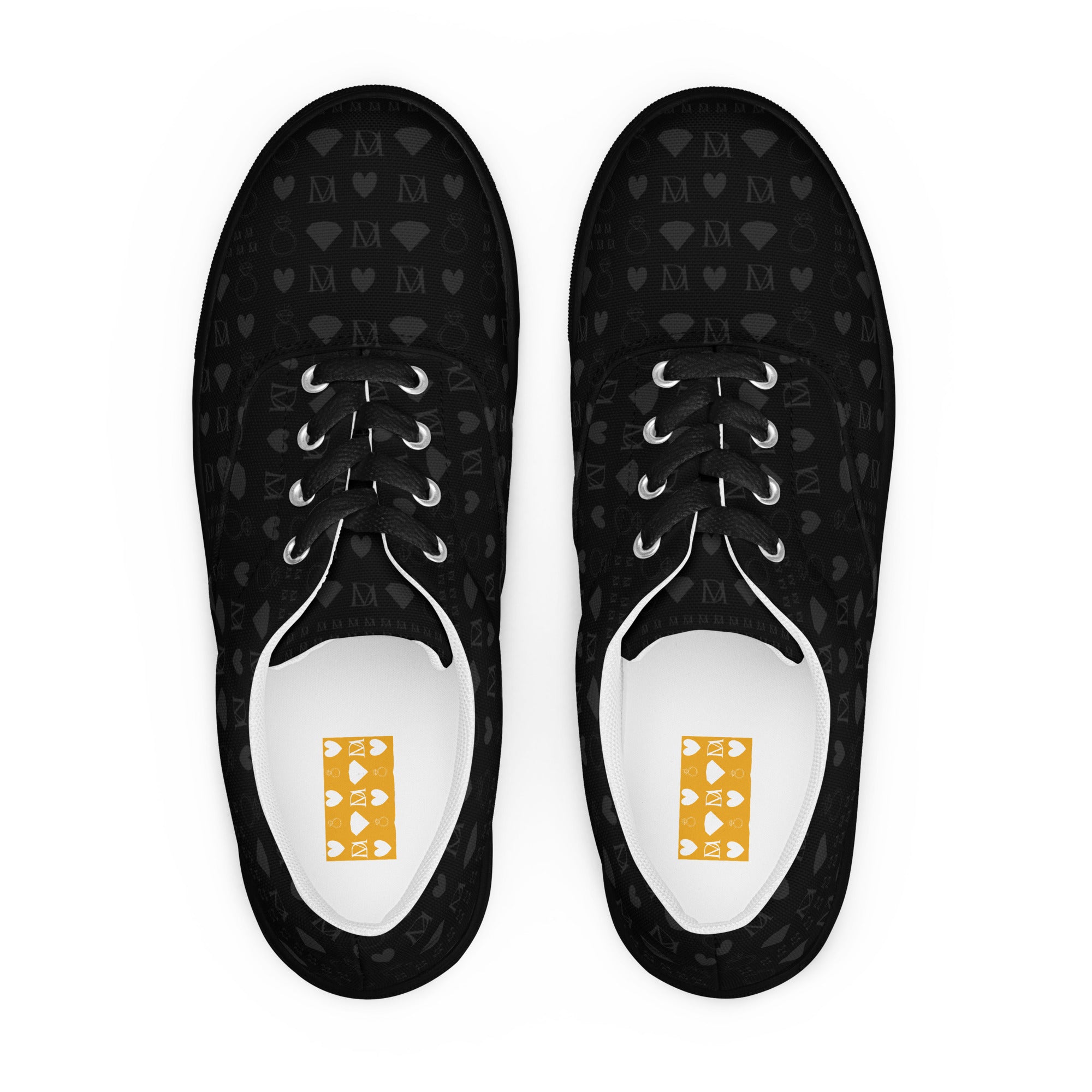 Black men's lace-up canvas shoes featuring frosted diamond accents by Daemon Luxury, front view showcasing stylish design.